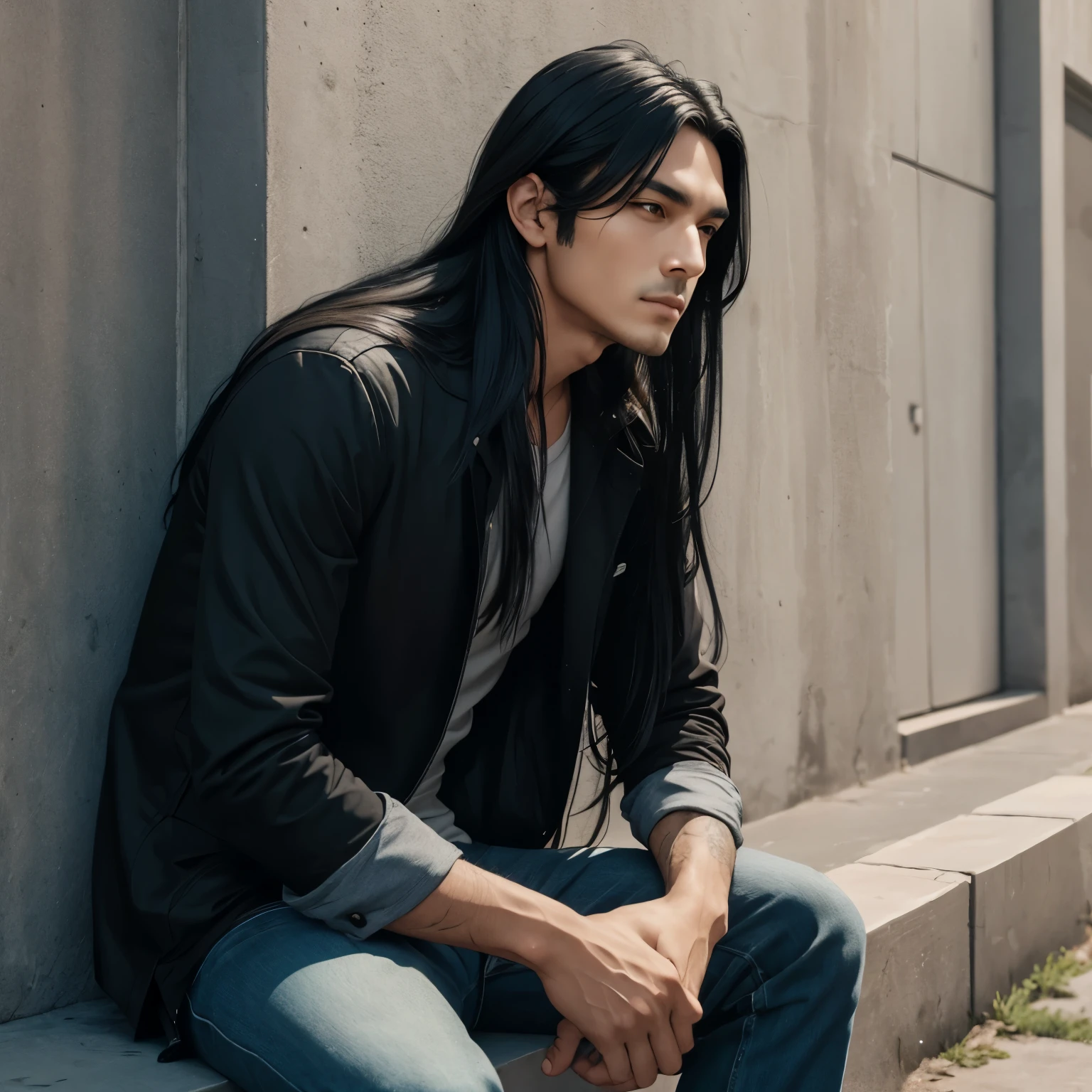 A man with long black hair leaning against the wall while sitting