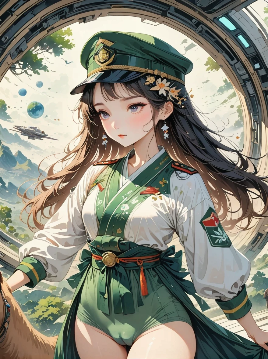 (((masterpiece,best quality,8K,super detailed,High resolution,anime style,Absolutely))),(A female officer of the Earth Federation Army is walking..:1.5),(alone:1.5), (Wearing the Earth Federation Forces:1.5),(Dressed as a federal employee'hat of:1.5),(cute type of girl:1.4),(Detailed facial depiction:1.4),(beautiful hands:1.4),(Hands are very thin:1.2),(wallpaper:1.5),(whole body:1.5),((overlooking:1.5)), (( Japanese girl, Clothes that fit)), (spaceship interior, There is space outside), (((camel toe)))