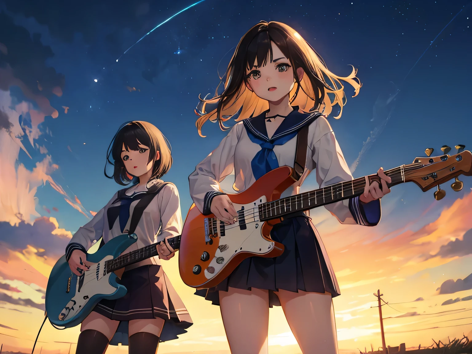 Two girls wearing the same sailor suit，A girl with long brown hair holding a bass，Another girl with short black hair holding an electric guitar，