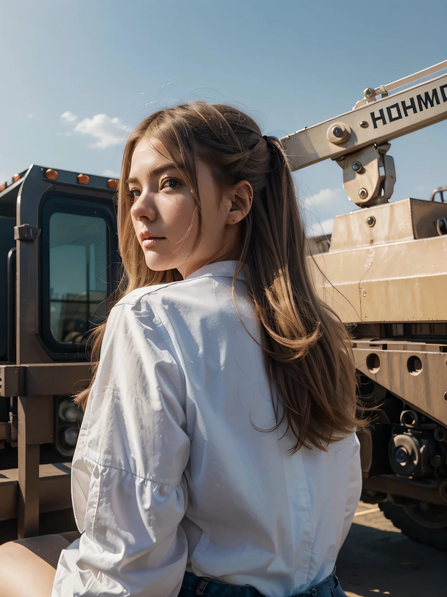 masterpiece, top quality, highly detailed, Unity 8k wallpaper, (riding a crane truck), firmament, girl 1 person, heavy machinery, gradient hair, hair between eyes, ahoge, age: 16, looking back, pretty face, white neeso,