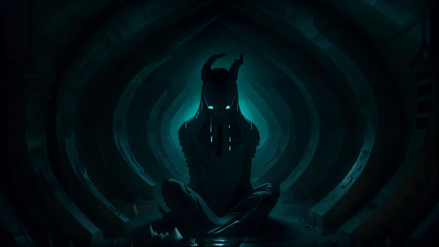 A dark and somber tunnel, with dim light in the distance. In the center of the tunnel, a figure sits in a meditative position, shrouded in shadows. Around them, words like "void," "nothing," and "absence of meaning" float in the air, highlighting the central concepts of nihilism.