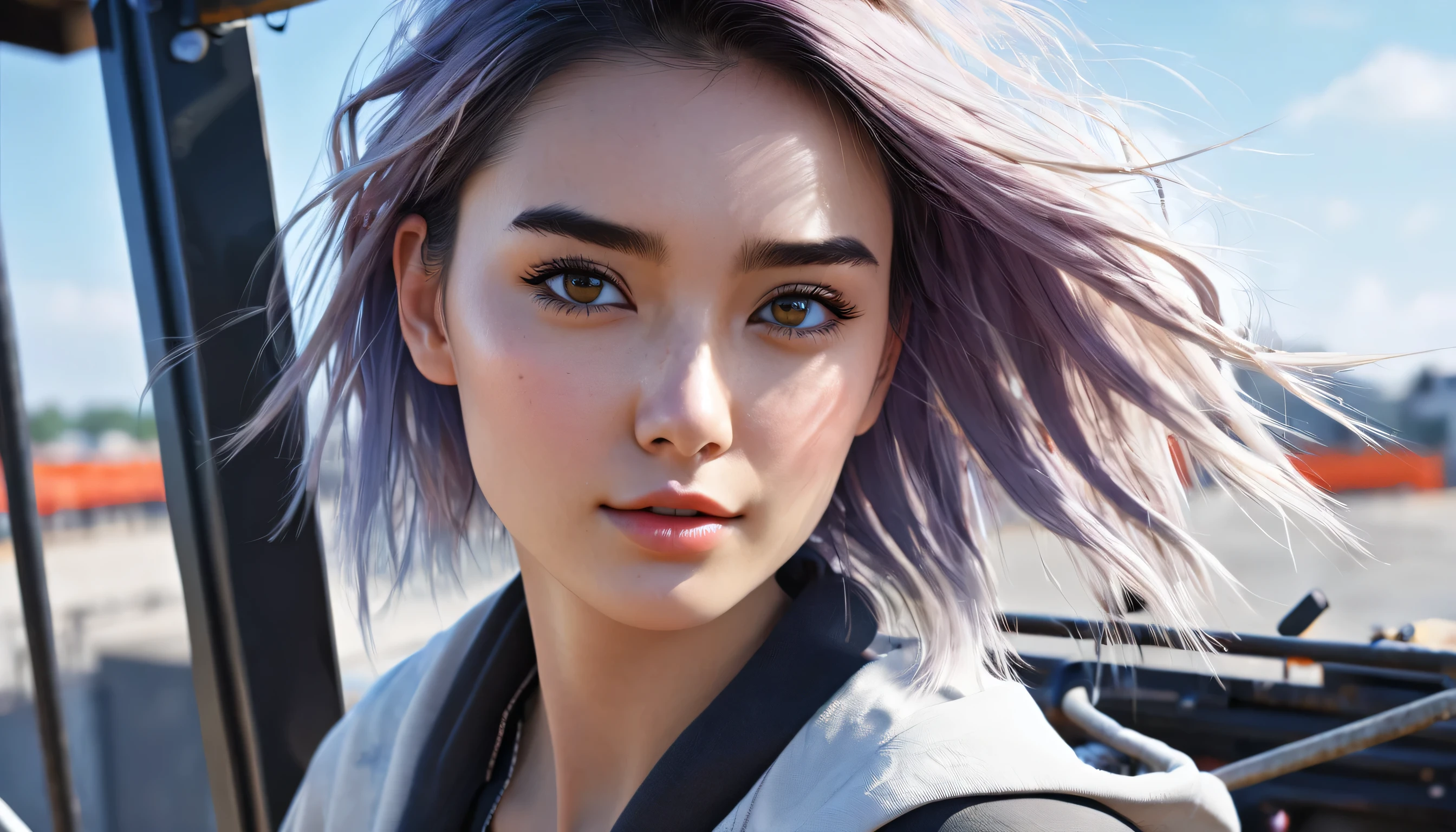 masterpiece, top quality, highly detailed, Unity 8k wallpaper, (riding a crane truck), firmament, girl 1 person, heavy machinery, gradient hair, hair between eyes, ahoge, : 16,ooking back, pretty face, white neeso,