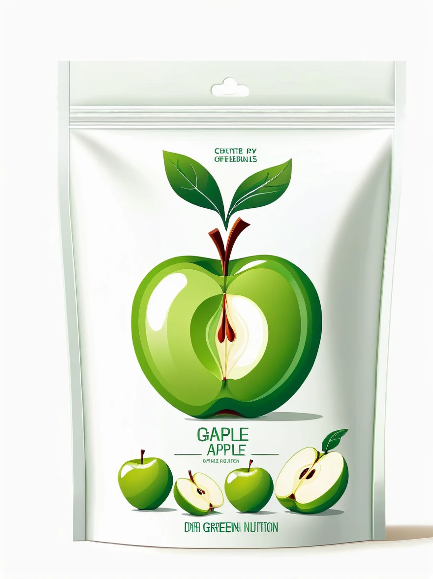 Modern packaging design, (1 bag of dried green apple products)，(center:1.3)，Flat style dried green apple illustration，full of nutrition，Simple white background，HD resolution，simple style，actual，Natural light, Glossy plastic packaging bag