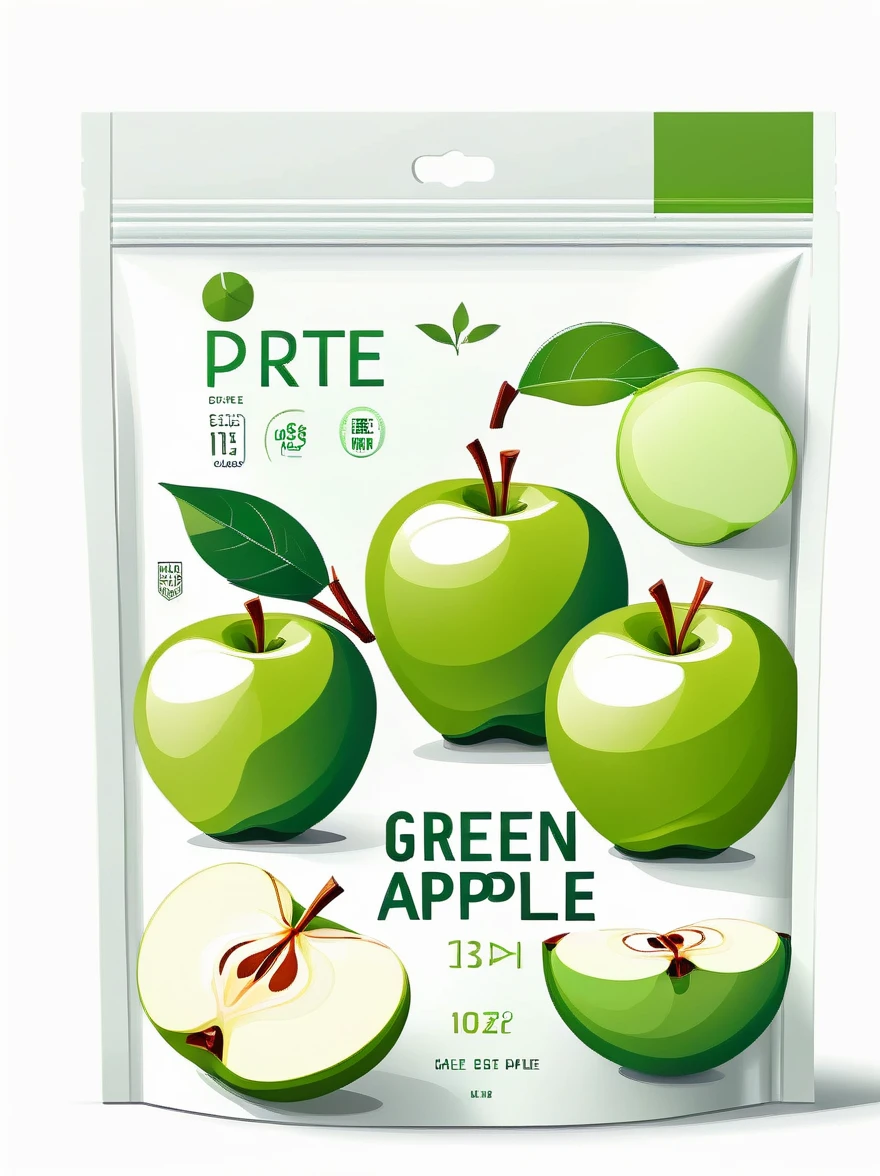 Modern packaging design, (1 bag of dried green apple products),(center:1.3),Flat style dried green apple illustration,full of nutrition,Simple white background,HD resolution,simple style,actual,Natural light, Glossy plastic packaging bag