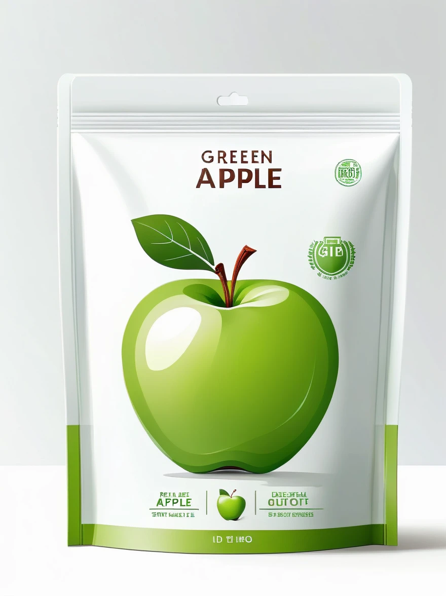 Modern packaging design, (1 bag of dried green apple products),(center:1.3),Flat style dried green apple illustration,full of nutrition,Simple white background,HD resolution,simple style,actual,Natural light, Glossy plastic packaging bag