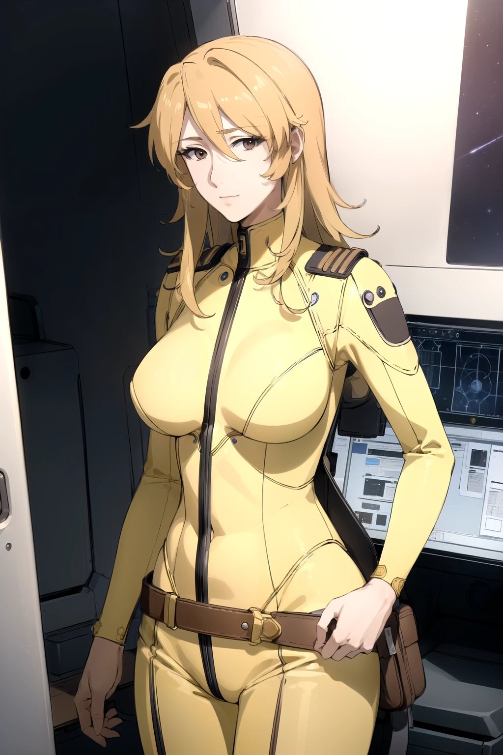 (((best quality))), (((masterpiece))), (((detailed))),
MoriYuki,
solo, closed mouth, light smile,
blonde hair, long hair, (brown eyes), (best quality eyes)
MoriBodysuit, (yellow bodysuit), belt,
standing, looking at the viewer, from back,
science fiction, cockpit, starry sky, (big breasts), thighs