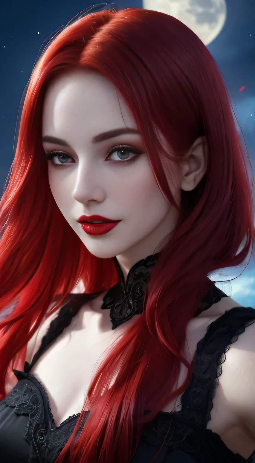 (portrait shot, ((vivid red hair)), mature woman, 30 years old, diamond face, moonlight, red starry sky background, depth of field, magic, big red lips, ((dark black eyes)) black and red long and full dress, covered chest, mystical atmosphere, ominous shadows, Intense blue aura, Intense red aura (best quality:1.2), absurdres, intricate details, (highly detailed skin:1.2), smile expression, posing, taut and well defined body, attractive. Highly realistic, pale skin, beautiful, hyperrealism, skin very elaborated, direct gaze
