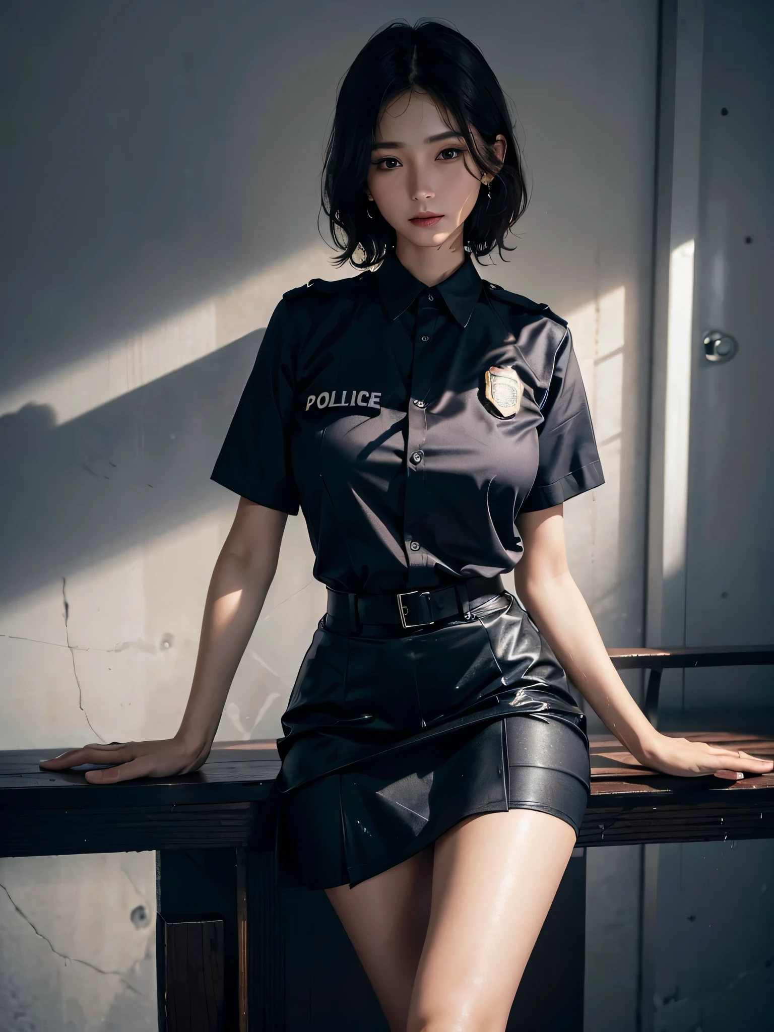 absurdres, RAW photo, extremely delicate and beautiful, masterpiece, Best Quality, ultra high resolution, 32k, hyperrealistic, ultra-detailed, perfect anatomy, perfect figure, super Detailed skin, Very detailed CG 8k wallpaper, in her 30s, very Slim body, narrow waist, very small head, very small face, delicate facial features, tearful mole, earring, thin legs, (very huge round breasts:1.2), full body shot, 1 girls, short hair, (wavy hair:1.2), (wet clothes:1.1), (police officer uniform:1.2), Skirt, (dress shirt:1.1),