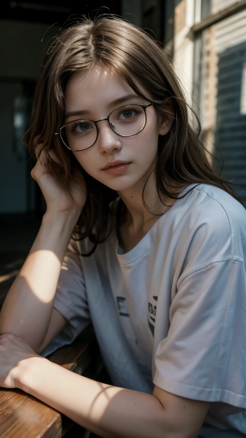 (best quality,4k,highres,masterpiece:1.2),medium:oil painting,ultra-detailed,realistic:1.37,portrait,dark colors,subtle lighting,young man,reticent expression,nearsighted glasses,thin lips,casual attire,solitary outdoors setting,soft natural light,urban background,street scene,depth of field effect,subtle smile,slightly messy hair,shadows and highlights on face and clothing,atmospheric perspective,gritty texture,quiet atmosphere in hospital