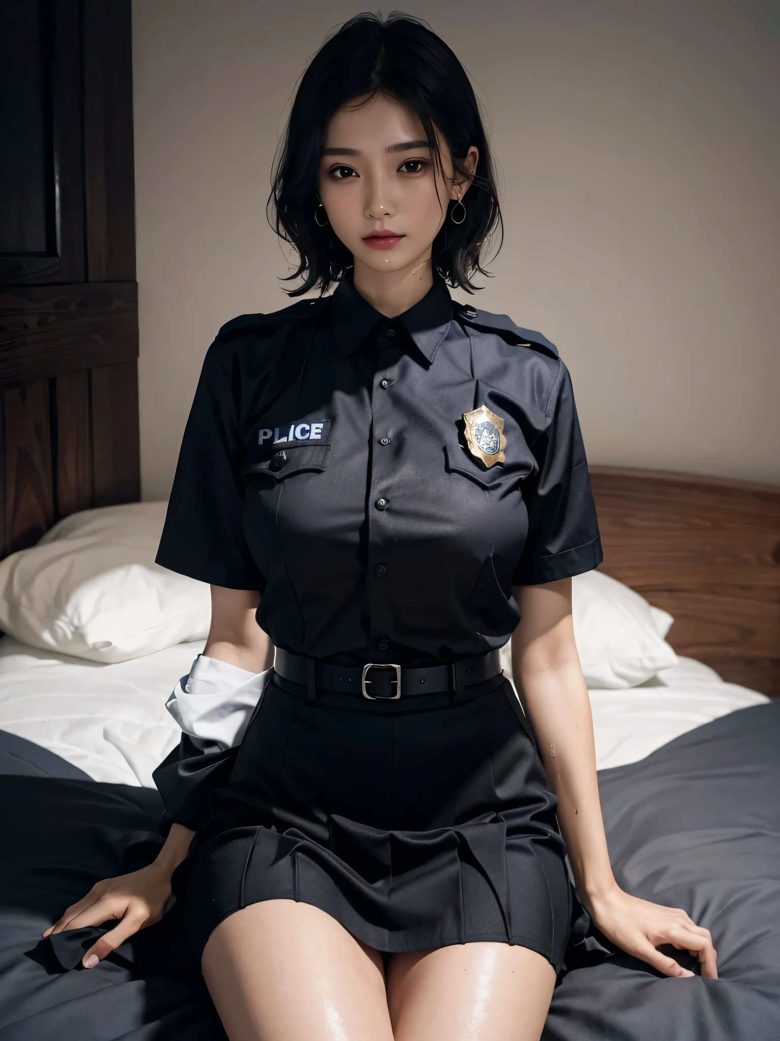 absurdres, RAW photo, extremely delicate and beautiful, masterpiece, Best Quality, ultra high resolution, 32k, hyperrealistic, ultra-detailed, perfect anatomy, perfect figure, super Detailed skin, Very detailed CG 8k wallpaper, in her 30s, very Slim body, narrow waist, very small head, very small face, delicate facial features, tearful mole, earring, thin legs, (very huge round breasts:1.2), full body shot, 1 girls, short hair, (wavy hair:1.2), (wet clothes:1.1), (police officer uniform:1.2), Skirt, (dress shirt:1.1), black shirt,