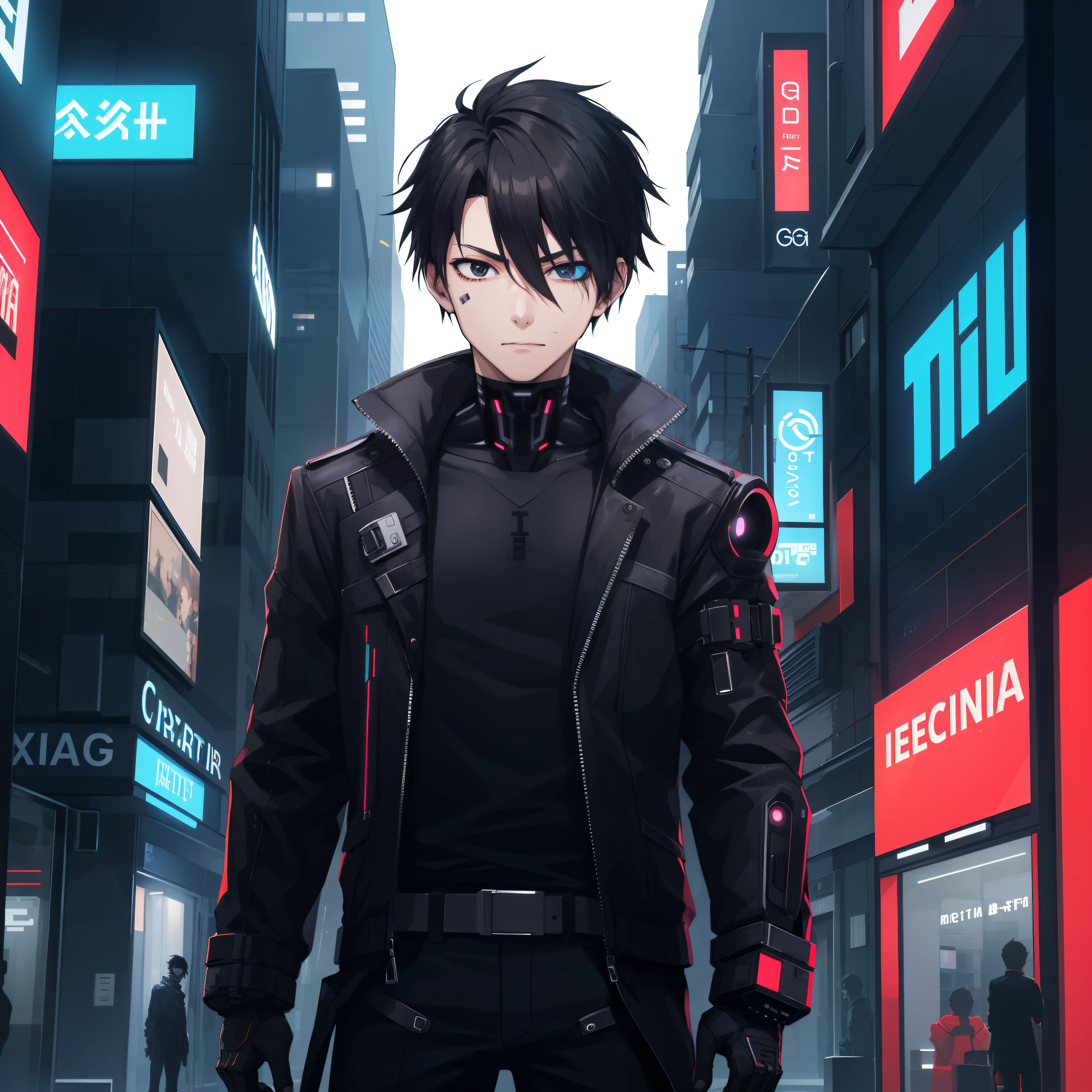 ciberpunk, cidade, 1 menino, cabelo preto, Olhos pretos, ciborgue