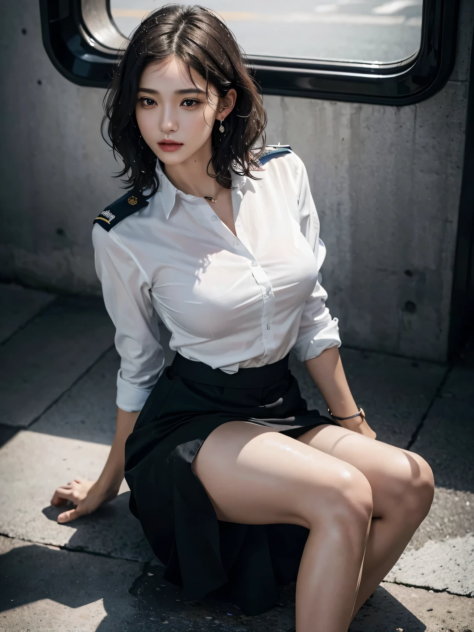 absurdres, RAW photo, extremely delicate and beautiful, masterpiece, Best Quality, ultra high resolution, 32k, hyperrealistic, ultra-detailed, perfect anatomy, perfect figure, super Detailed skin, Very detailed CG 8k wallpaper, in her 20s, very Slim body, narrow waist, very small head, very small face, delicate facial features, tearful mole, earring, thin legs, (very huge round breasts:1.2), (full body shot:1.2), 1 girls, short hair, (wavy hair:1.2), (police uniform:1.2), collared shirt, skirt,