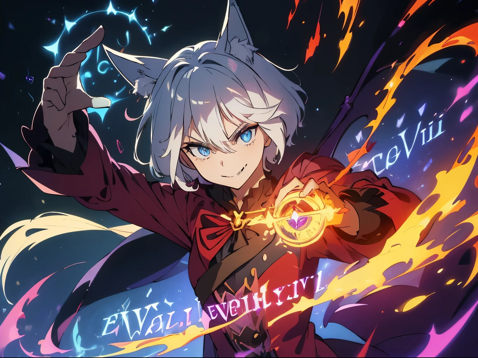 masterpiece, A world where magic and technology coexist, man with cat ears (gray hair, short hair) ,Hone your skills、Let's go on a journey to uncover the secrets of power.., beautiful eyes、depicted in detail. The magician makes the most of the potential of his abilities..、We must learn how to unlock the true potential of modern magic. Full body illustration, (evil look:1.5), have a sword, Has a sword that spits flames,spread both hands,cast a spell,(villainous smile:1.5)