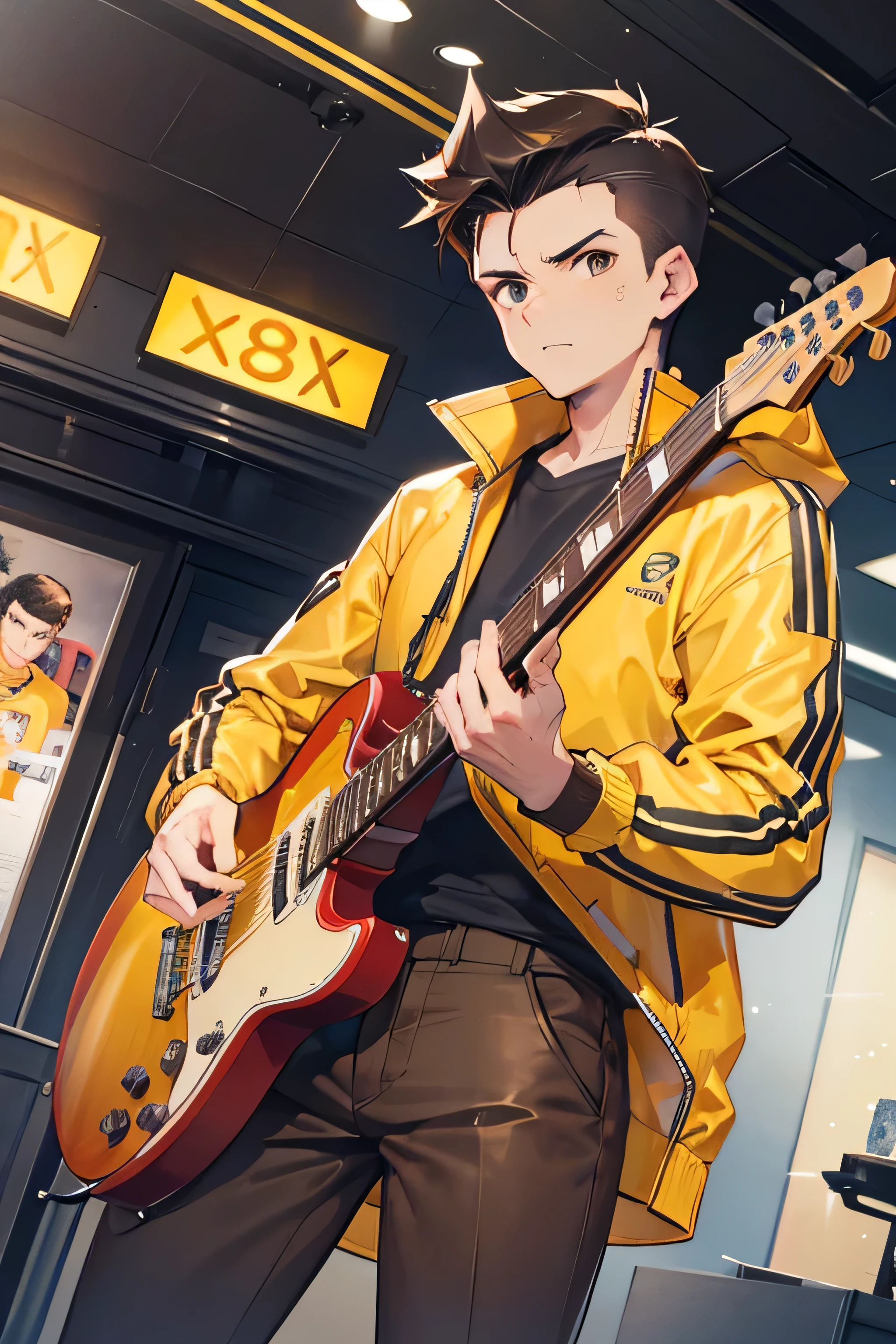 1man, very masculine, masculine features, tall, dark brown hair, classic quiff haircut, brown eyes, yellow jacket, gray inner shirt, brown khakis, carrying an electric guitar, city, absurdres, high res, ultrasharp, 8k, masterpiece, looking at viewer
