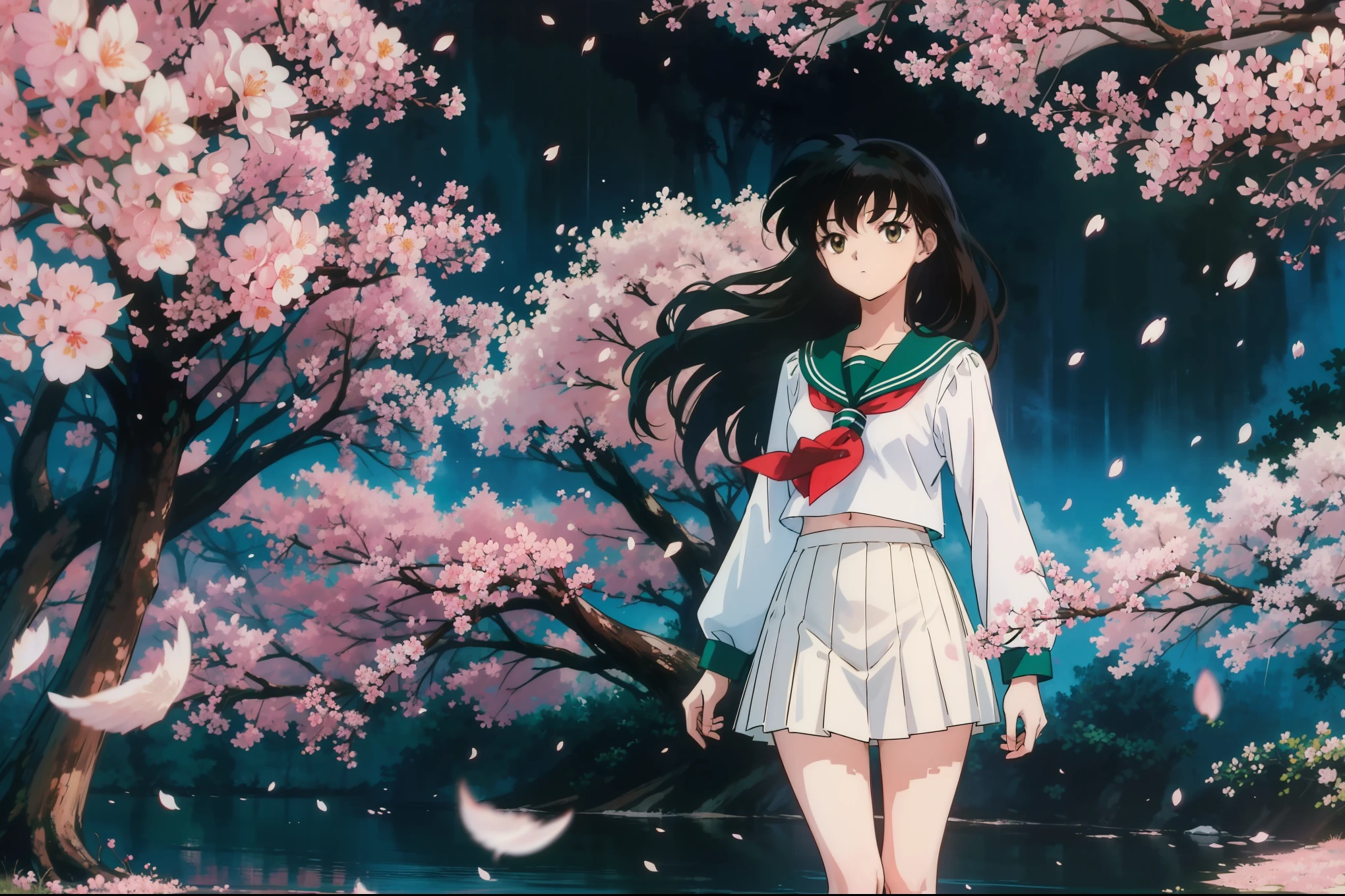 (masterpiece), best quality, expressed, is a perfect face, (Upper body standing painting), 1 girl, (alone), Japanese Kagome, Japanese Kagome, long hair, (black hair:1.5), Retro art style, (brown eyes:1.5), lounge skirt, shirt, long sleeve, , white shirt, pleated skirt, Serford, sailor collar, scarf, ((green skirt)), red scarf, standing in water, best quality，masterpiece，extremely，Eye focus beautiful eyes, anime characters,Miss,alone, (campus), tree clouds, sky空, rain, (Cherry blossoms:1.3), sky, High resolution, looking at the audience, (32k wallpapers)