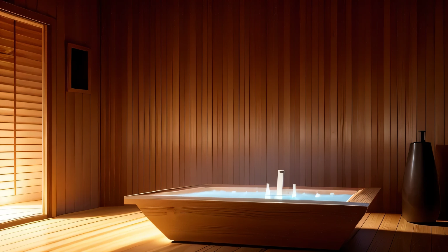 Hinoki bath, No character,Super detailed,vapor、indoor、night、wooden wall