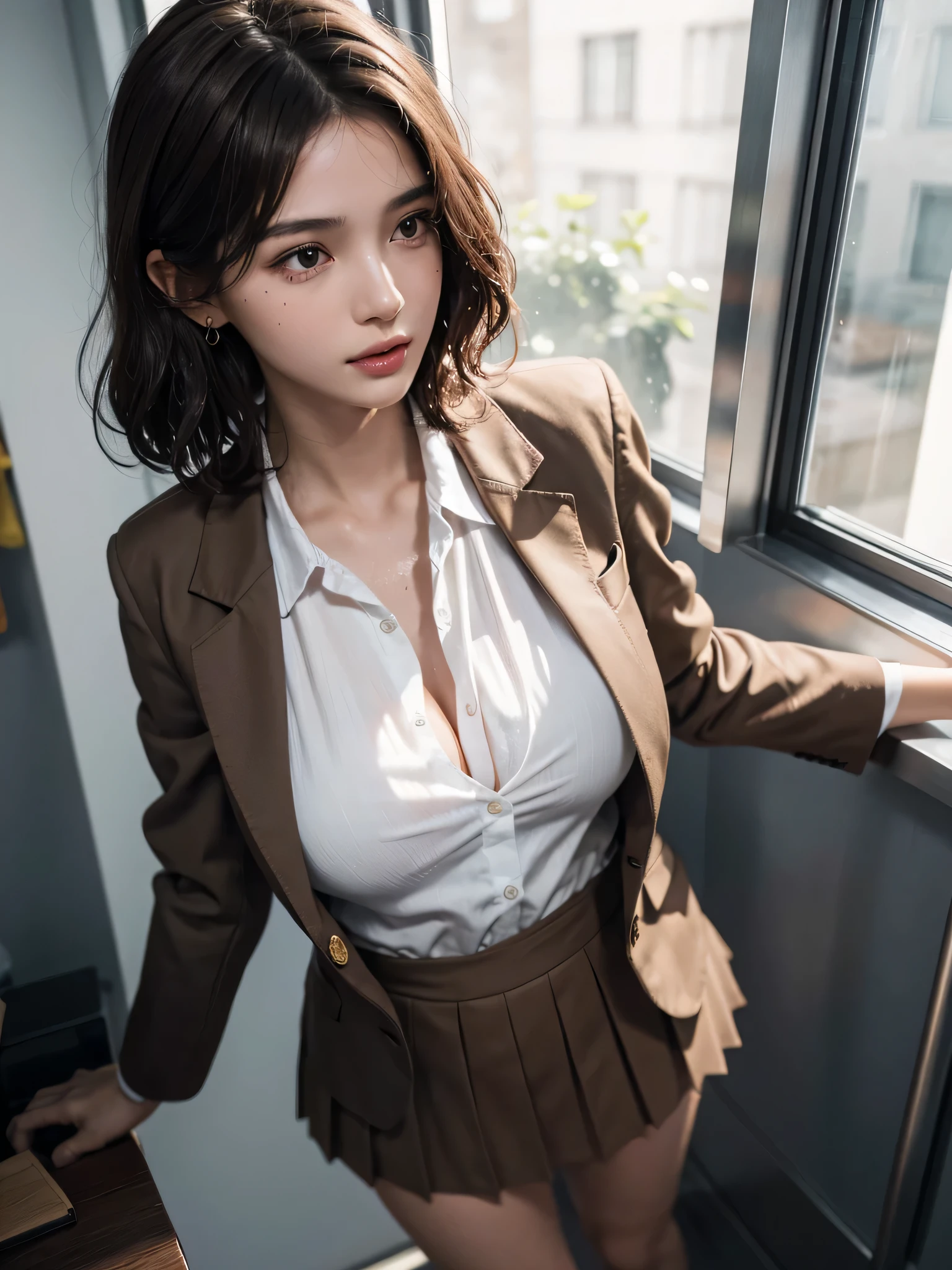 absurdres, RAW photo, extremely delicate and beautiful, masterpiece, Best Quality, ultra high resolution, 16k, hyperrealistic, ultra-detailed, perfect ???????, super Detailed skin, perfect figure, Very detailed CG 8k wallpaper, in her 20s, very Slim body, narrow waist, very small head, very small face, delicate facial features, tearful mole, earring, thin legs, (very huge round breasts), full body shot, short hair, (wavy hair), (light brown hair), (wet clothes), ((school uniform)), (blazer),