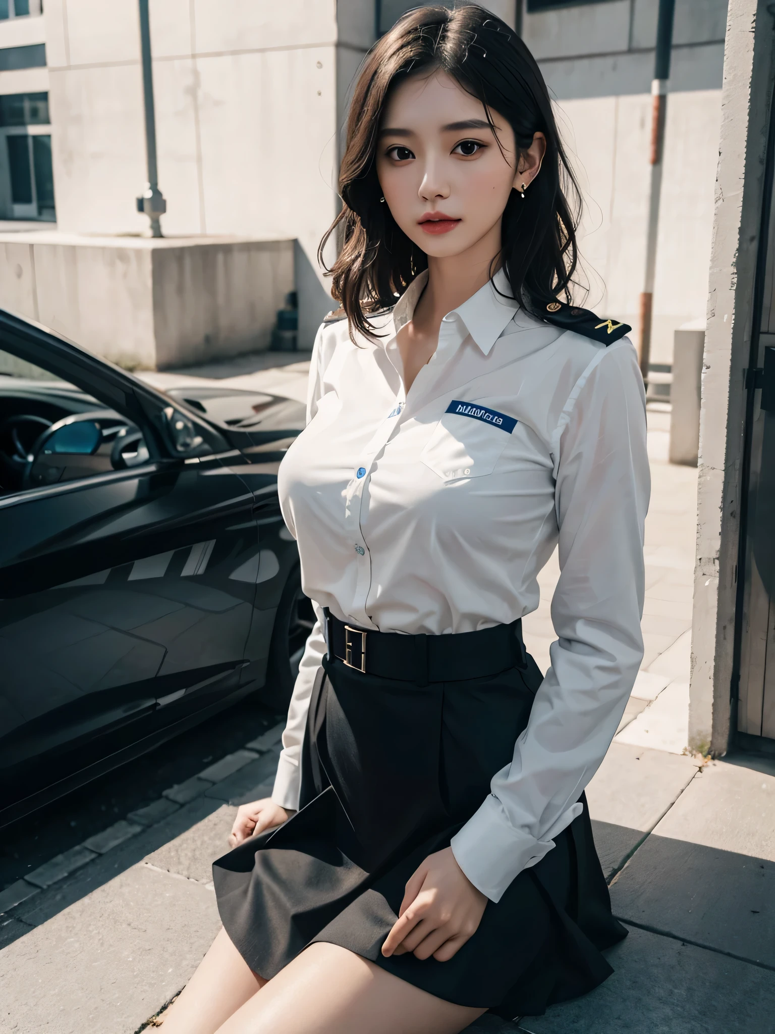 absurdres, RAW photo, extremely delicate and beautiful, masterpiece, Best Quality, ultra high resolution, 32k, hyperrealistic, ultra-detailed, perfect anatomy, perfect figure, super Detailed skin, Very detailed CG 8k wallpaper, in her 30s, very Slim body, narrow waist, very small head, very small face, delicate facial features, tearful mole, earring, thin legs, (very huge round breasts:1.15), full body shot, 1 girls, short hair, (wavy hair:1.15), (wet clothes:1.1), (police officer uniform:1.2), Skirt, (dress shirt:1.1), (black shirt:1.1),