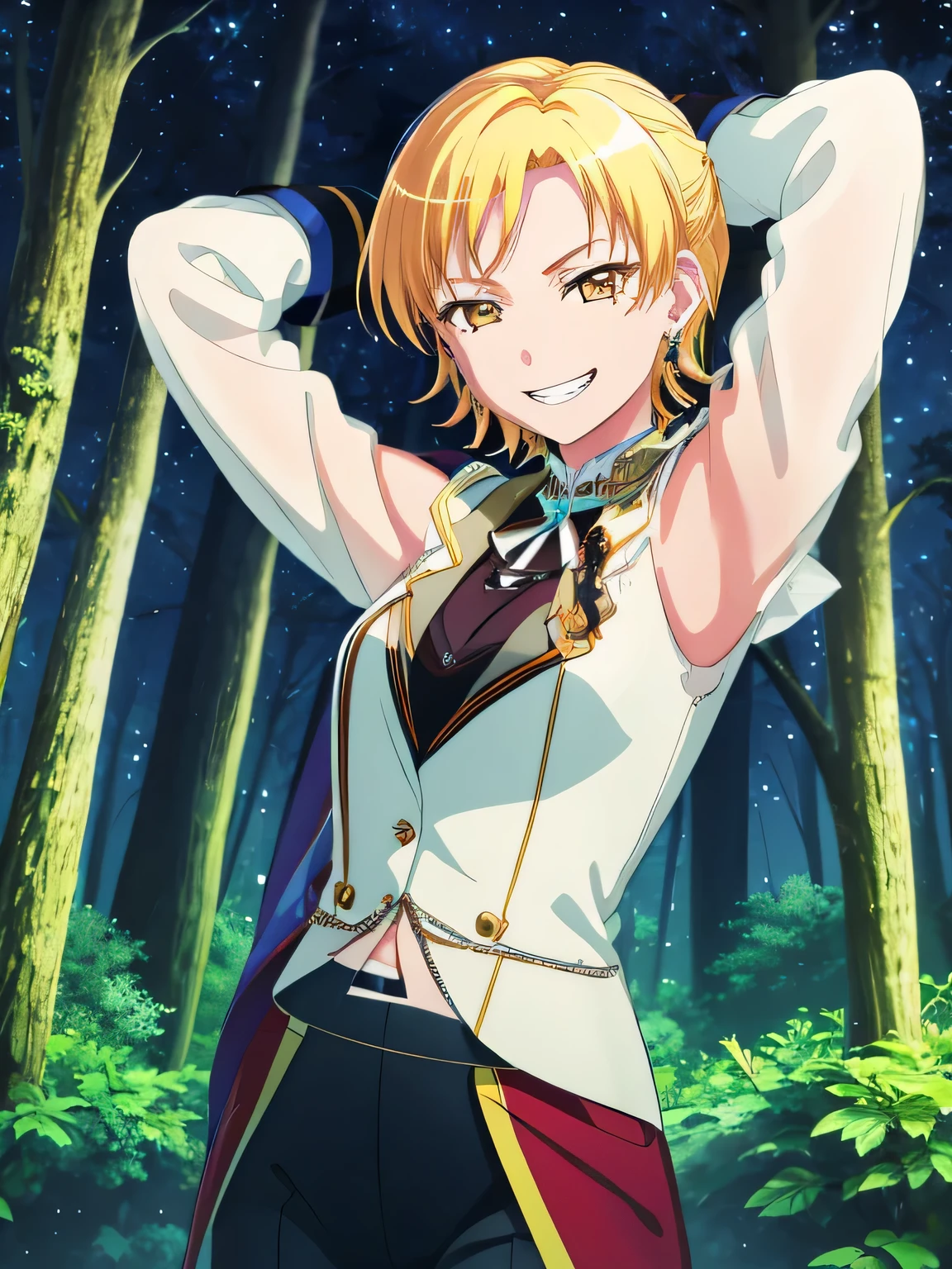 MASKING, 1girl, solo, looking at viewer, smile, short hair, blonde hair, shirt, gloves, long sleeves, ribbon, brown eyes, jewelry, jacket, yellow eyes, white shirt, earrings, pants, grin, solo, upper body, night sky, forest, arms behind head, contrapposto, spread armpits, smile