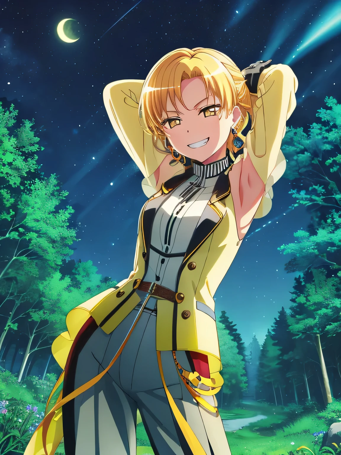MASKING, 1girl, solo, looking at viewer, smile, short hair, blonde hair, shirt, gloves, long sleeves, ribbon, brown eyes, jewelry, jacket, yellow eyes, white shirt, earrings, pants, grin, solo, cowboy shot, night sky, forest, arms behind head, contrapposto, spread armpits, smile