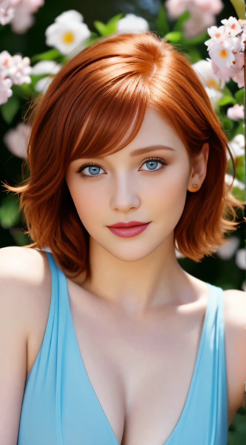 Masterpiece, (Bryce Dallas Howard: 0.5), short hair, vivid orange hair, shy, cute, playful smile, high detail face, high detail skin, white blue dress, (high detail eyes:1.3), (small breasts:1.2), (strong athletic body), garden wiith colorful flowers background, (UHD, 8K wallpaper, High resolution), Cinematic lighting, award-winning, extremely white detailed skin, extra detailed face, high detail eyes, photo-realistic, Zeiss 85 mm F/1.4, by Ellen von Unwerth