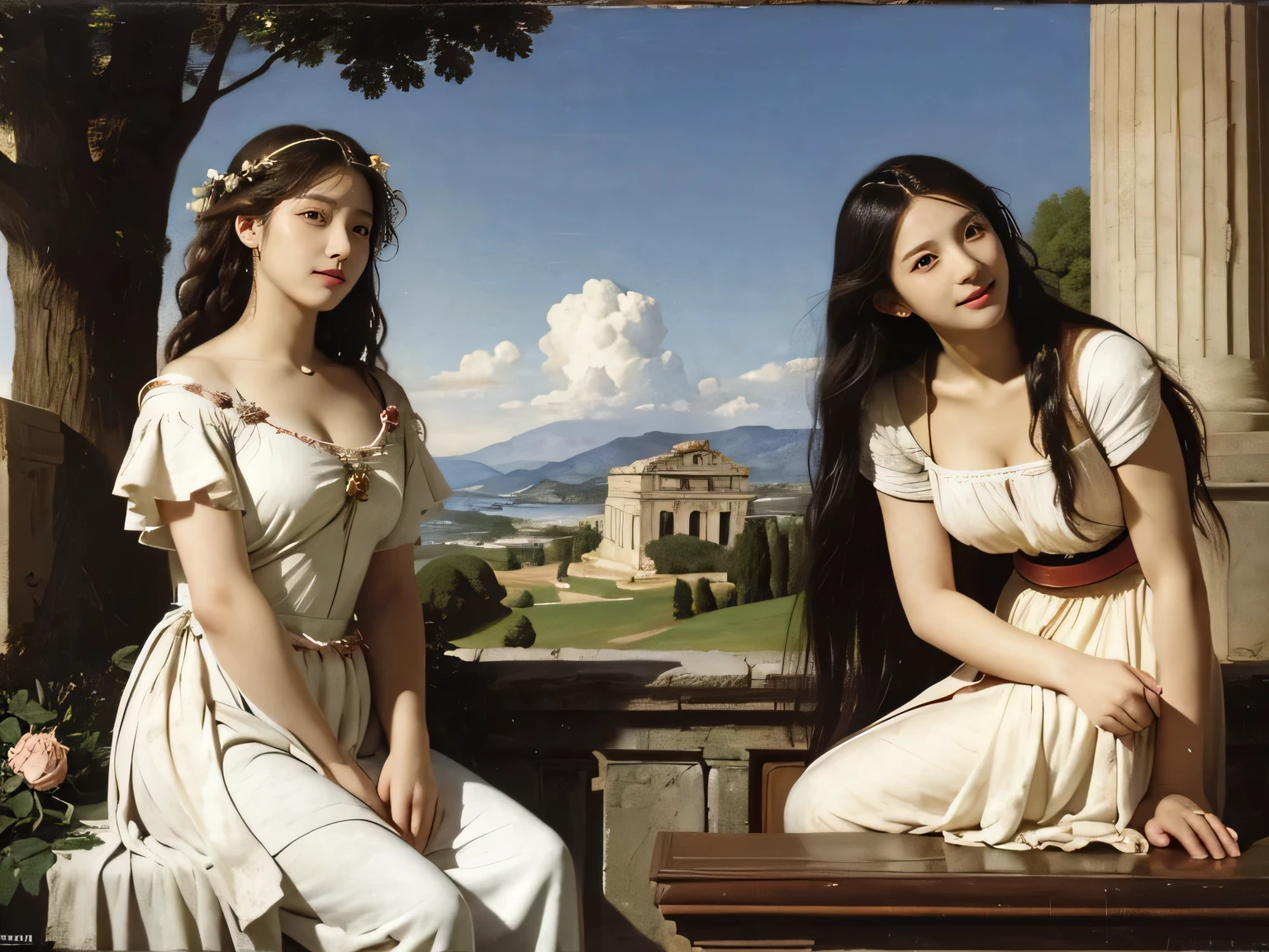 Giorgione painting style,Arguments of two female Philosophe,math、astronomical machine、astronaut、roses in vase、fruits、Cute trinkets、smile、ancient greek costume、Background is a forest lake at night 、Clothes that stretch your shoulders、A big smile、beautiful bare skin、A detailed representation of the seducing woman throughout her body.full body portrait, Ancient Roman ruins, Poussin-style landscape, A smile, , Sweet and seductive appearance.、Caravaggio's paintings、Chiaroscuro of Caravaggio、Hair disheveled in the wind, Two women frolicking, Cute smile, Expression of ecstasy, A sexy, Erotic
