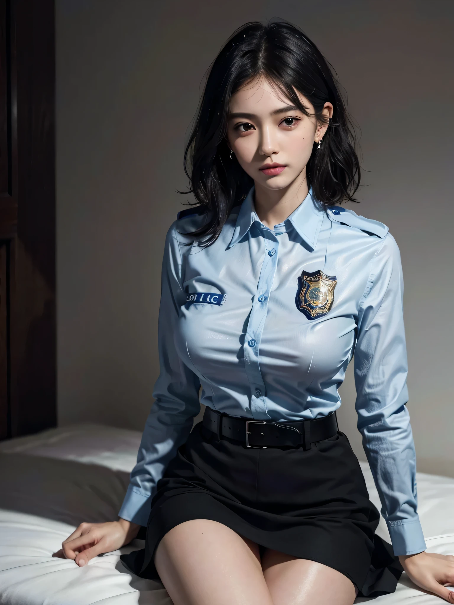 absurdres, RAW photo, extremely delicate and beautiful, masterpiece, Best Quality, ultra high resolution, 32k, hyperrealistic, ultra-detailed, perfect anatomy, perfect figure, super Detailed skin, Very detailed CG 8k wallpaper, in her 30s, very Slim body, narrow waist, very small head, very small face, delicate facial features, tearful mole, earring, thin legs, (very huge round breasts:1.15), full body shot, 1 girls, short hair, (wavy hair:1.15), wet clothes, (police officer uniform:1.2), Skirt, (dress shirt:1.1), (black shirt:1.1),