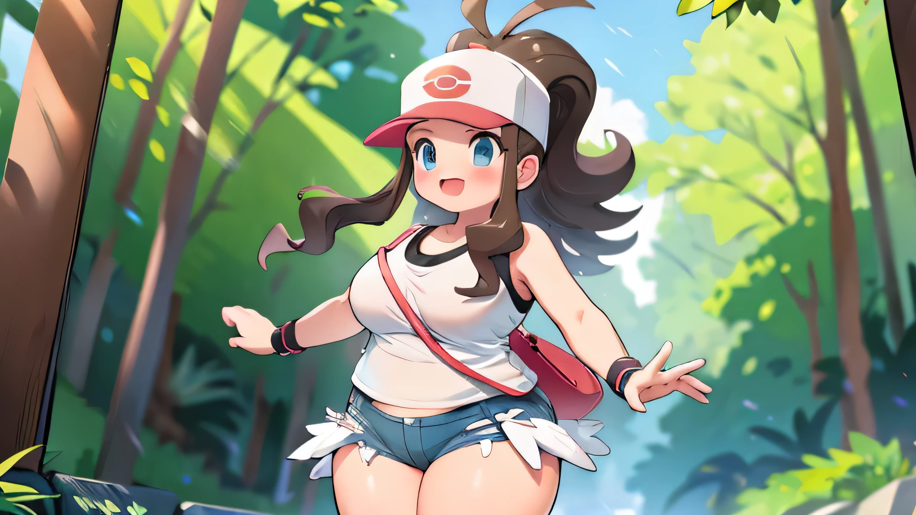 (Melhor qualidade, high resolution, obra de arte:1.2), ultra-detalhado, realista:1.37, sketches, Hilda Pokémon, def1, curved, visible thighs, coxas gordinhas, coxas grossas, coxas em primeiro plano, formato corporal, adorei o look, Sorriso, boca aberta, Charme Feminino, nsfw, very obese
