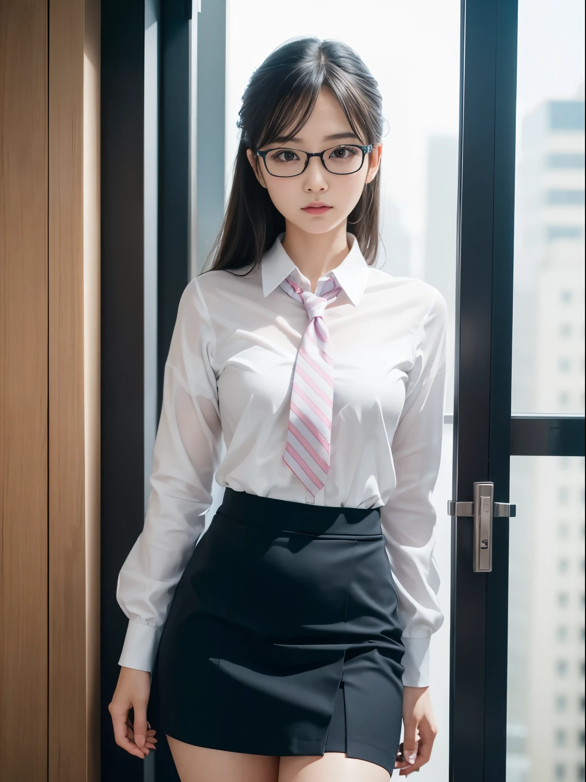 one person、solo、A 20-year-old office lady in office uniform poses for a photo shoot、glare、narrow your eyes、sexy、victory、Tsundere、Saucy、Single knot、OL、suit、blue mini skirt、anger、Small、glasses、Slim girl model photo、Body:史上最Smallの美少女、female model、Japanese female fashion model、(8K、RAW photo、Highest image quality、masterpiece:1.2)、(real、photorealistic:1.37)、Ultra high definition、Ultra high definition、Office Street、standing position、whole body、((((SEXY)))