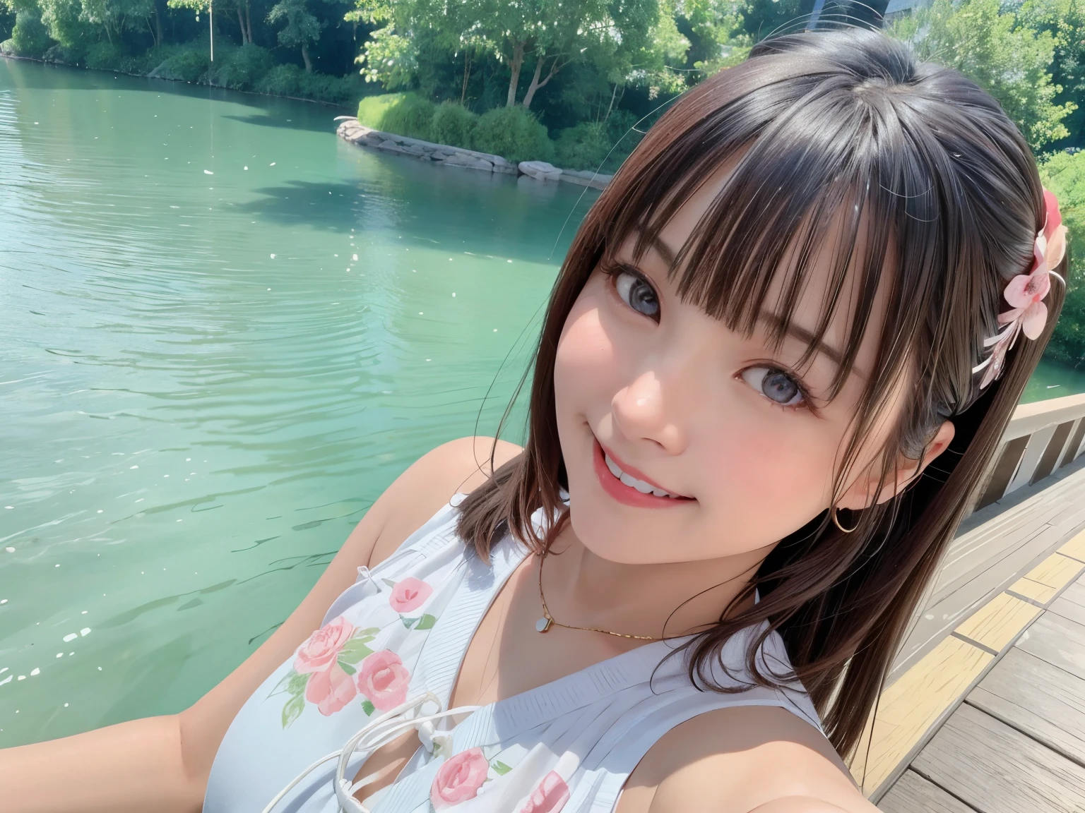 highest quality、超A high resolution、(photo realistic:1.4)、blush、cute、(detailed face)、smile、look at the camera、Upper body、Komono、sunny day、river、blue sky、mean