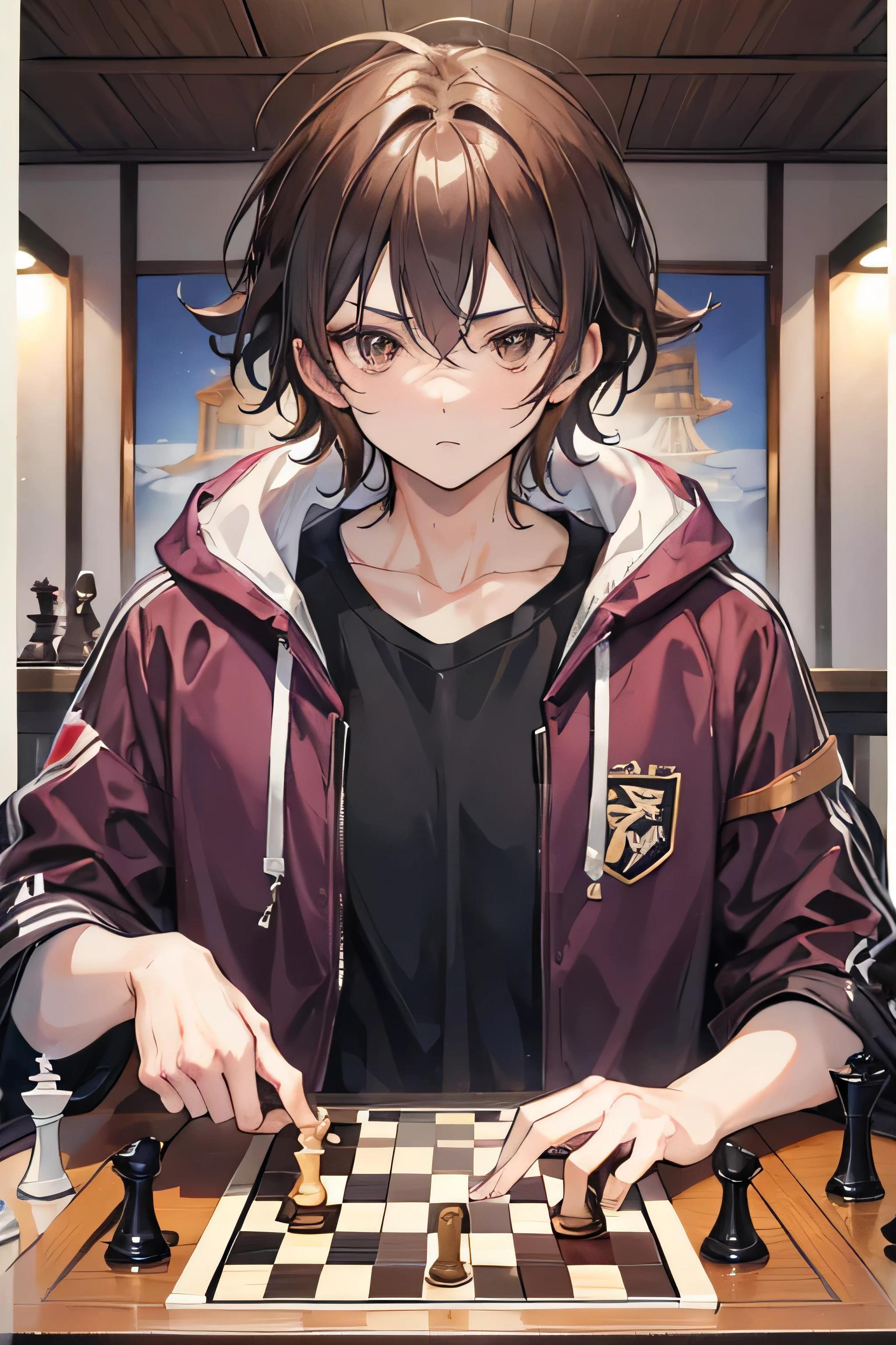 1man, masculine, messy hair, ash brown hair, brown eyes, dark purple jacket, cream shorts, holding a chess board, japan city, absurdres, high res, ultrasharp, 8k, masterpiece, looking at viewer