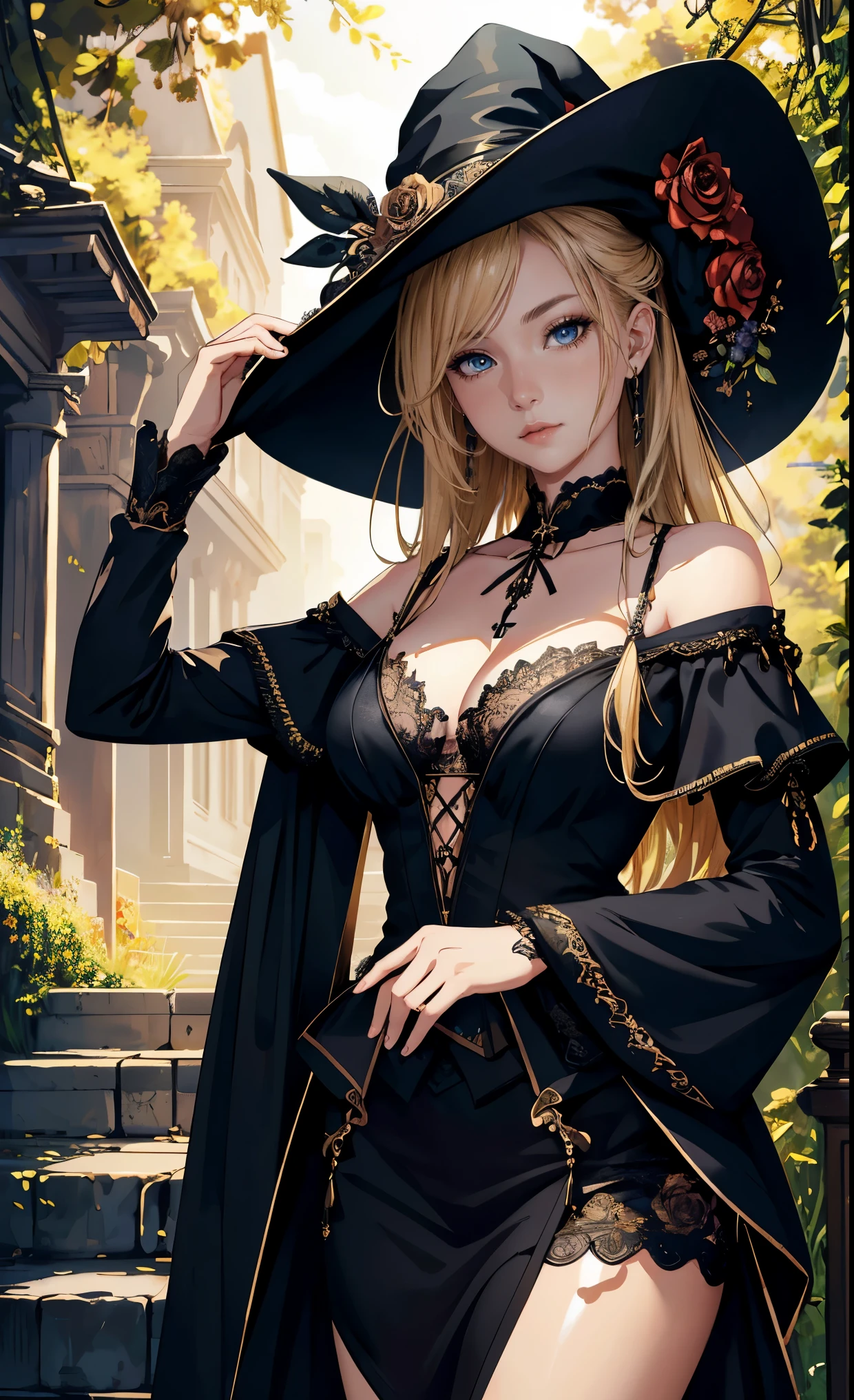 highest quality, 4k wallpaper, masterpiece, Highly detailed CG wallpaper unit 8k, very fine eyes, Super detailed, intricate details, jppop art style, 1 girl, blonde, look towards the viewer, Outdoor Live, black rose garden, Pure black flowers, black flower background,witch,