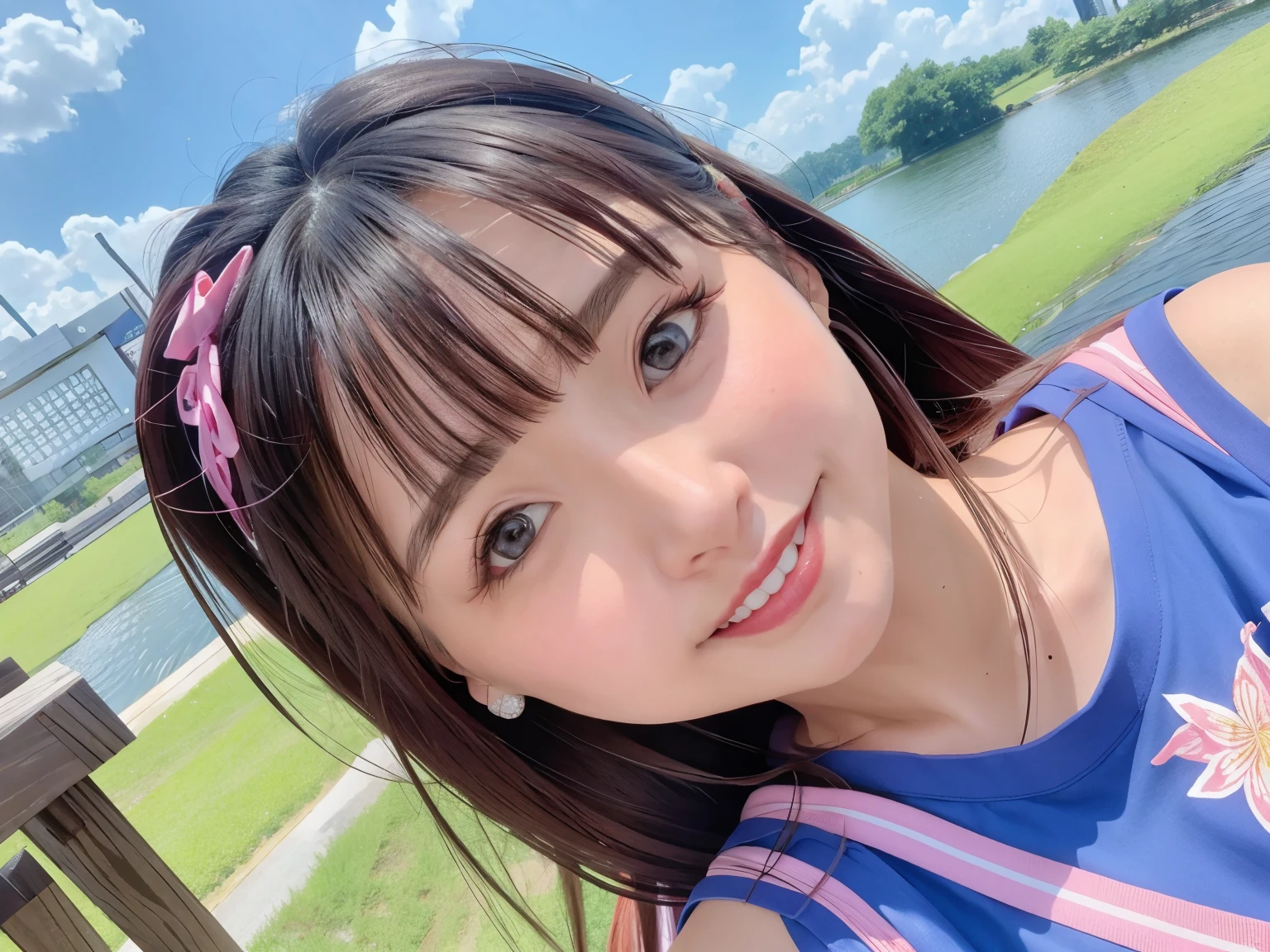 highest quality、超A high resolution、(photo realistic:1.4)、blush、cute、(detailed face)、smile、look at the camera、Upper body、Komono、sunny day、river、blue sky、mean