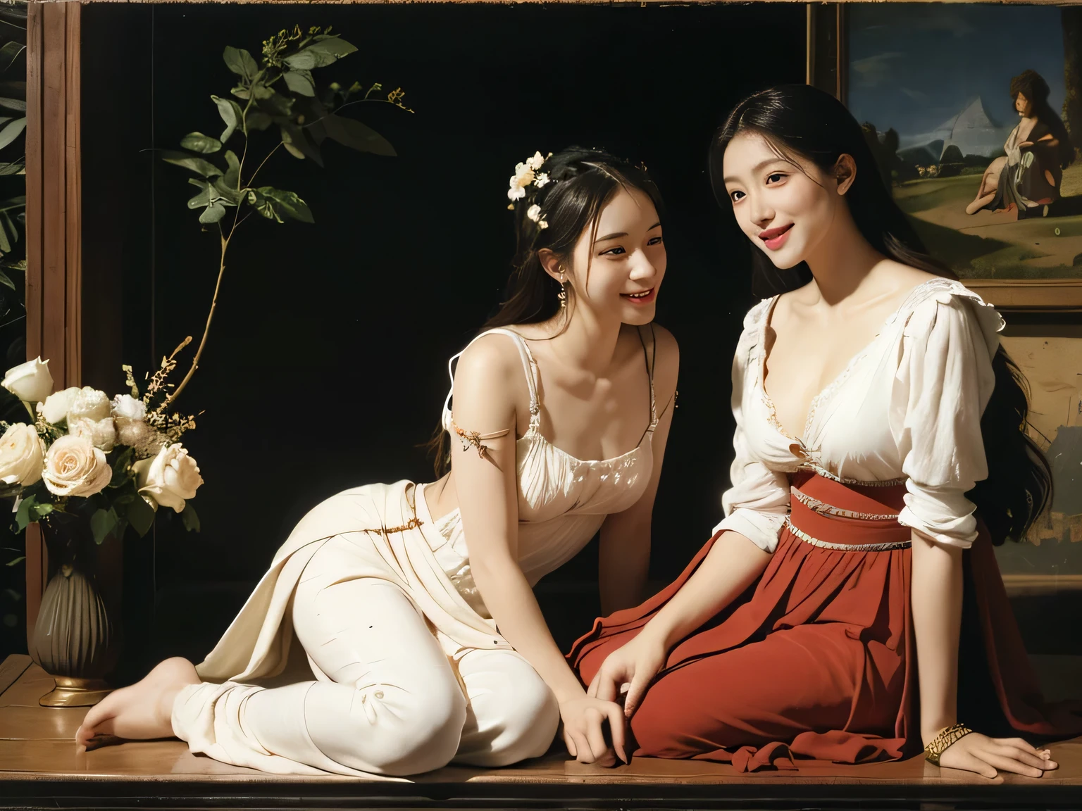full body portrait or statue、Giorgione painting style,Arguments of two female Philosophe,math、astronomical machine、astronaut、roses in vase、fruits、Cute trinkets、smile、ancient greek costume、Ancient Roman landscape in the style of Nicolas Poussin,laughter,,Sweet and seductive appearance.、Caravaggio's paintings、Chiaroscuro of Caravaggio、hair tousled by the wind,Two women frolicking,cute smile, expression of ecstasy,Sexy,erotic