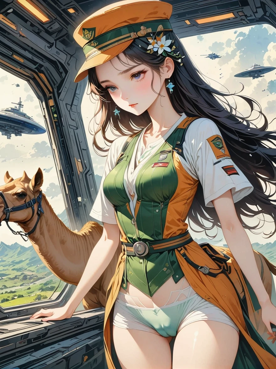 (((masterpiece,best quality,8K,super detailed,High resolution,anime style,Absolutely))),(A female officer of the Earth Federation Army is walking:1.5),(alone:1.5), (Wearing the Earth Federation Forces:1.5),(Wearing a federal employee hat:1.5),(cute type of girl:1.4),(Detailed facial depiction:1.4),(beautiful hands:1.4),(Hands are very thin:1.2),(wallpaper:1.5),(whole body:1.5),((overlooking:1.5)), ((15 year old Japanese girl, Clothes that fit)), (spaceship interior, There is space outside), (((camel toe)))
