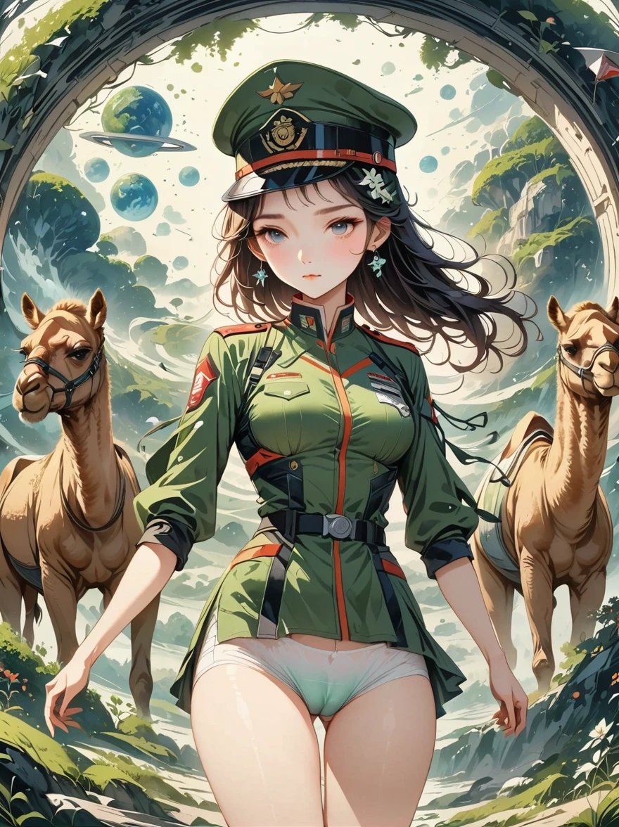 (((masterpiece,best quality,8K,super detailed,High resolution,anime style,Absolutely))),(A female officer of the Earth Federation Army is walking:1.5),(alone:1.5), (Wearing the Earth Federation Forces:1.5),(Wearing a federal employee hat:1.5),(cute type of girl:1.4),(Detailed facial depiction:1.4),(beautiful hands:1.4),(Hands are very thin:1.2),(wallpaper:1.5),(whole body:1.5),((overlooking:1.5)), ((15 year old Japanese girl, Clothes that fit)), (spaceship interior, There is space outside), (((camel toe)))
