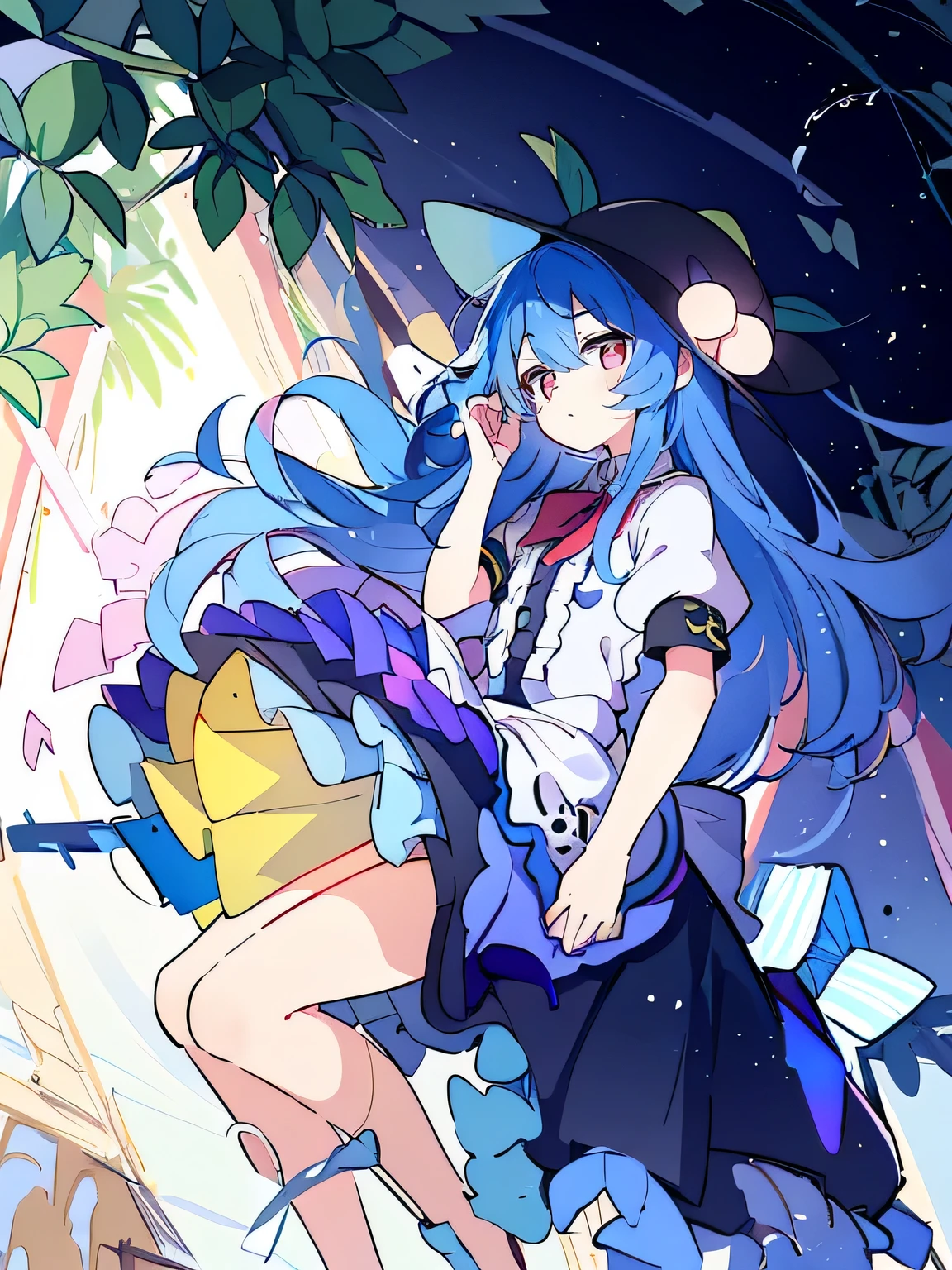 (masterpiece),best quality, expressive eyes, perfect face, 1girl,
hands on waist,beautiful, gorgeous,anime,girl,lora,hinanawi tenshi, blue hair, blue haired, floating clothes,waist grab, grabbing waist, mains sur les hanches , hands on hips,flat chest