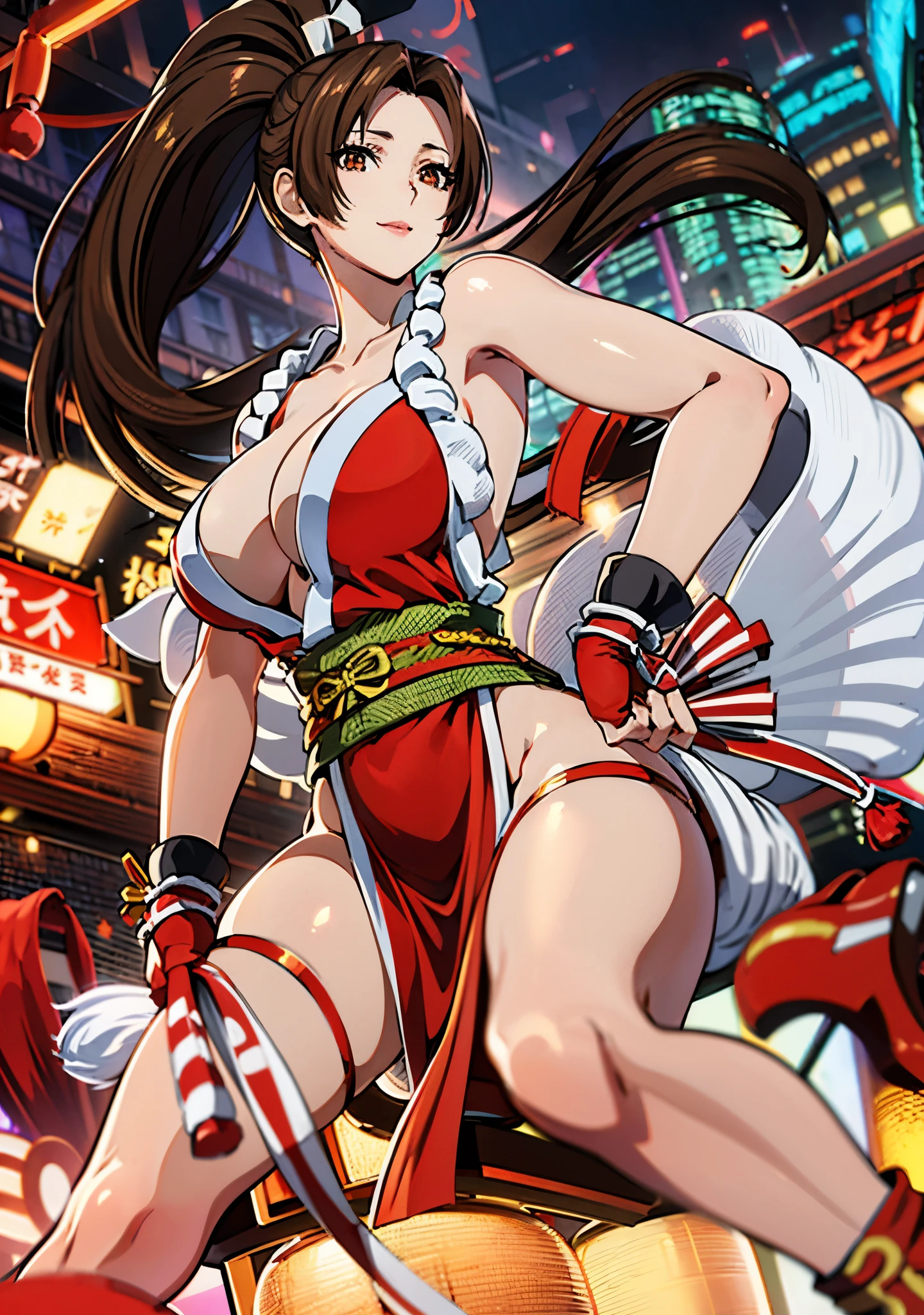 女性1 person、red dress, No sleeve, Komono, ((mai shiranui:1.2)), bare shoulders, brown hair, brown eyes, long and high ponytail, hair band, 1 person、25 years old, japanese mature, beautiful fingers, beautiful long legs, beautiful body, beautiful nose, beautiful character design, perfect eyes, perfect face, jewelry, See-through, looking at the viewer, hair ornaments, choker, shy, enchanting smile、king of fighters,((fire background:1.3))、
(table top, highest qualityの, highest quality, beautiful and aesthetic: 1.2), very detailed, more detailed,proper body proportions,table top,Super high quality output image,High resolution,intricate details,very delicate and beautiful hair,realistic pictures,dream-like,professional lighting,realistic shadow,focus only,
(big breasts:1.2,) , floating skirt,