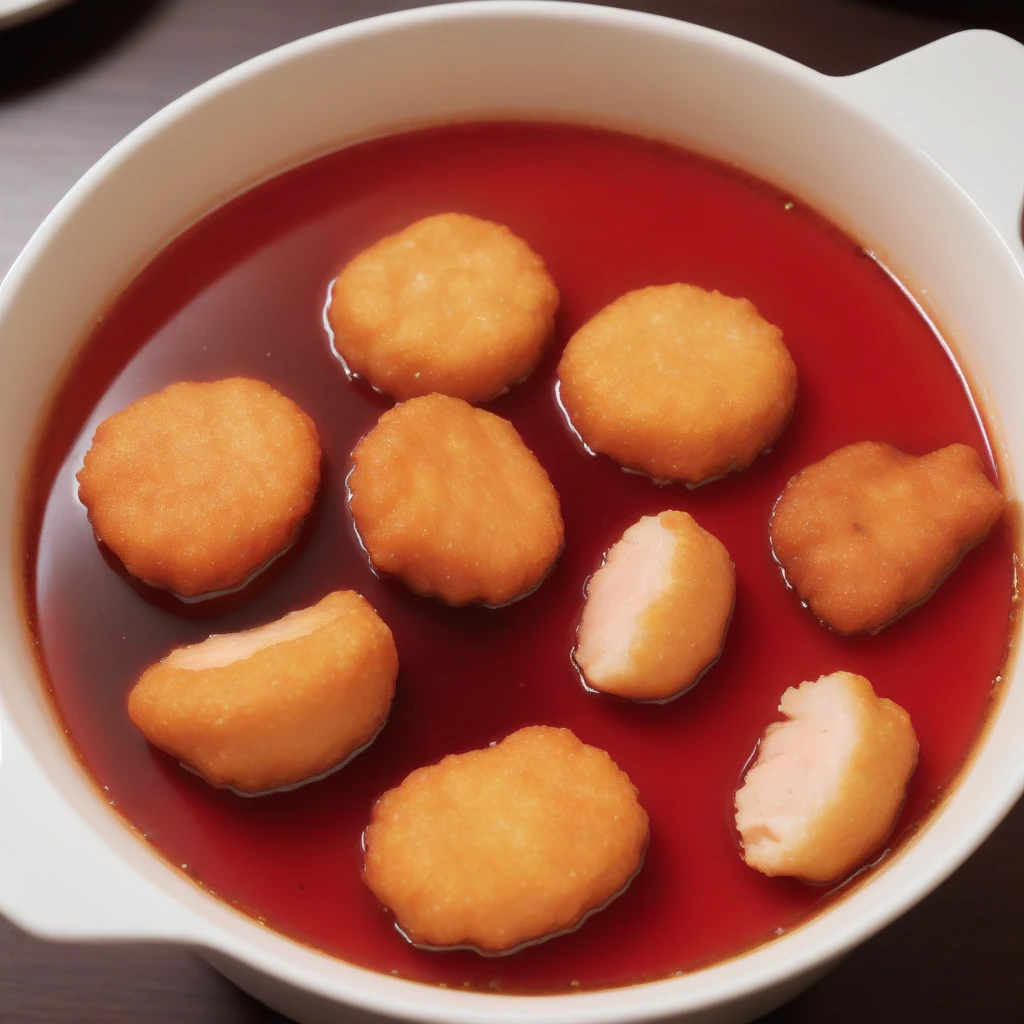 A photorealistic image of a spicy hot pot brimming with chicken nuggets. The broth should be rich and red, indicating its spicy nature, with visible chili peppers and Sichuan peppercorns. The chicken nuggets should be fully submerged, absorbing the flavors of the broth. Steam should be rising from the hot pot, and the surrounding environment should suggest a traditional or modern hot pot restaurant setting. The lighting should emphasize the vibrant colors of the broth and the texture of the chicken nuggets, making the dish look inviting and mouth-watering, outkara