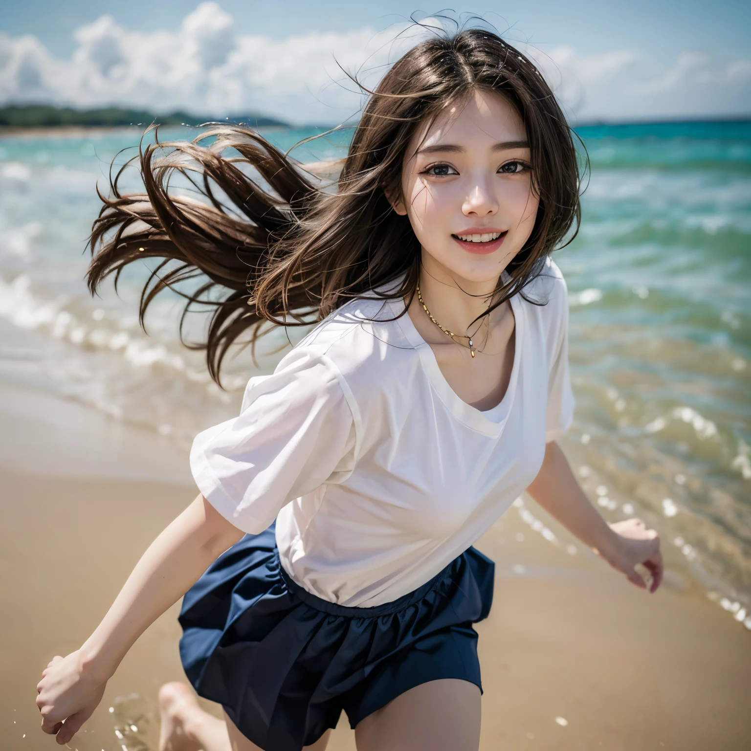 (photorealistic:1.4),8k,(masterpiece), best quality, highest quality, (detailed face:1.5),original,highres, unparalleled masterpiece, ultra realistic 8k, perfect artwork, ((perfect female figure)),mature female, narrow waist, skinny,detailed skin, ((1girl)), solo, long hair, short sleeves, serafuku,blue skirt, shirt, sailor collar, in cultivation tank,(floating hair), (floating clothes), barefoot, air bubble,full body, looking at viewer, beach background, sparking smile, ((running on the shore)), wide shot view
