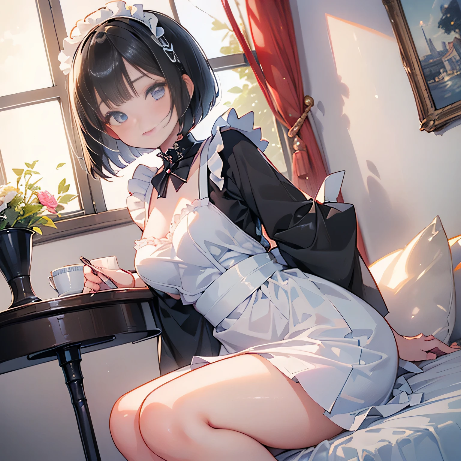 ((1girl,cute,japanese,young,short beautiful black hair,bob cut,beautiful blue eyes)),(solo),(sexy cute maid costume),((masterpiece, highest resolution,best quality)), (beautiful illustration), (looking at the viewer), innocent smile,beautiful modern maid cafe,big city,table,chair,window,flowers,