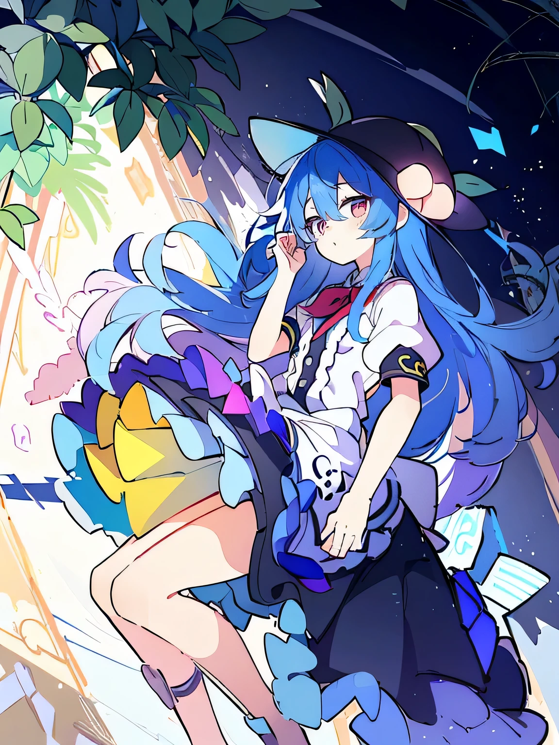 (masterpiece),best quality, expressive eyes, perfect face, 1girl,
hands on waist,beautiful, gorgeous,anime,girl,lora,hinanawi tenshi, blue hair, blue haired, floating clothes,waist grab, grabbing waist, mains sur les hanches , hands on hips,flat chest