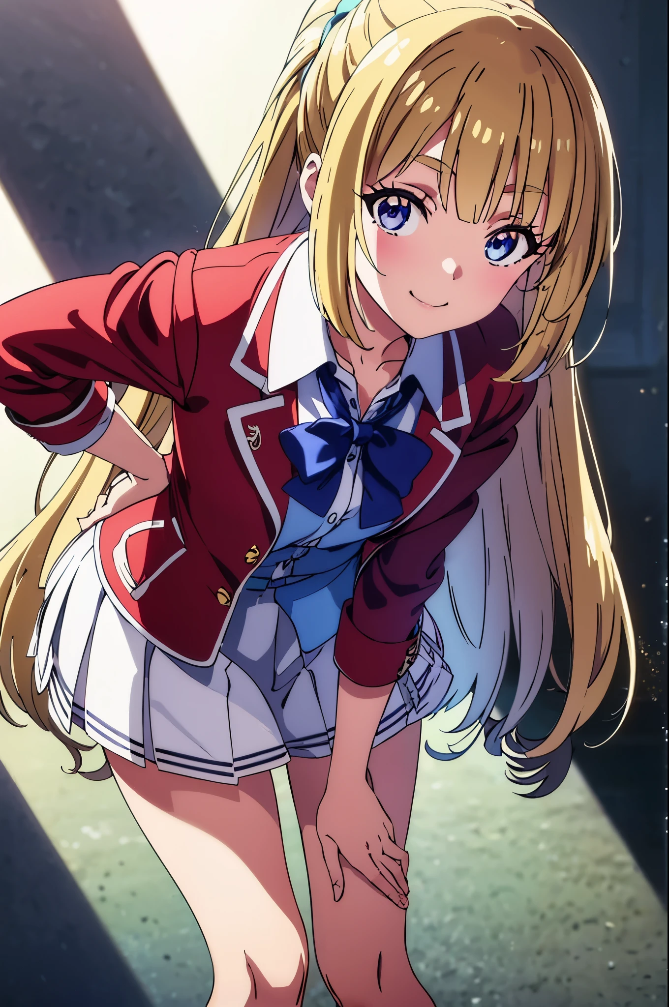 KeiKaruizawa, Kei karuizawa, long hair, bangs, blunt bangs, (purple eyes:1.1), blonde hair, shirt, hair ornaments, ponytail, Scrunchie, blue Scrunchie, smile,
break skirt, shirt, bow, , Jacket, (red Jacket:1.2), white pleated skirt, bowtie, sweater, (blue bow:1.2), (blue shirt:1.2),
break indoors, classroom,
break looking at viewer, (cowboy shot:1.5),
break (masterpiece:1.2), highest quality, High resolution, unity 8k wallpaper, (figure:0.8), (detailed and beautiful eyes:1.6), highly detailed face, perfect lighting, Very detailed CG, (perfect hands, perfect anatomy),smile、