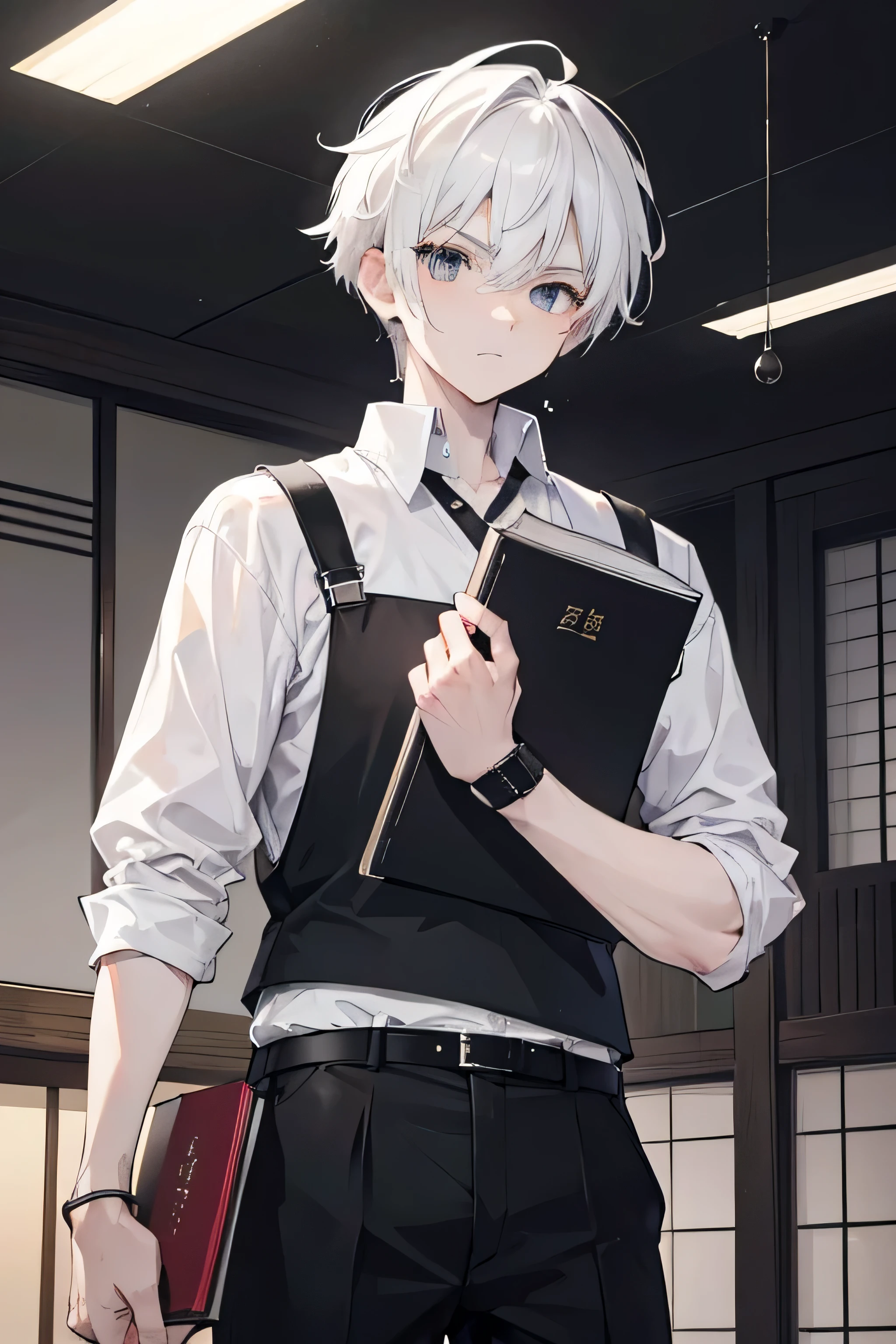 1 man, masculine, very manly, messy white hair, undercut hair, black eyes, wearing black plain shirt, broken handcuff on wrist, white shorts, holding a book, emotionless, japan city, absurdres, high res, ultrasharp, 8k, masterpiece, looking at viewer
