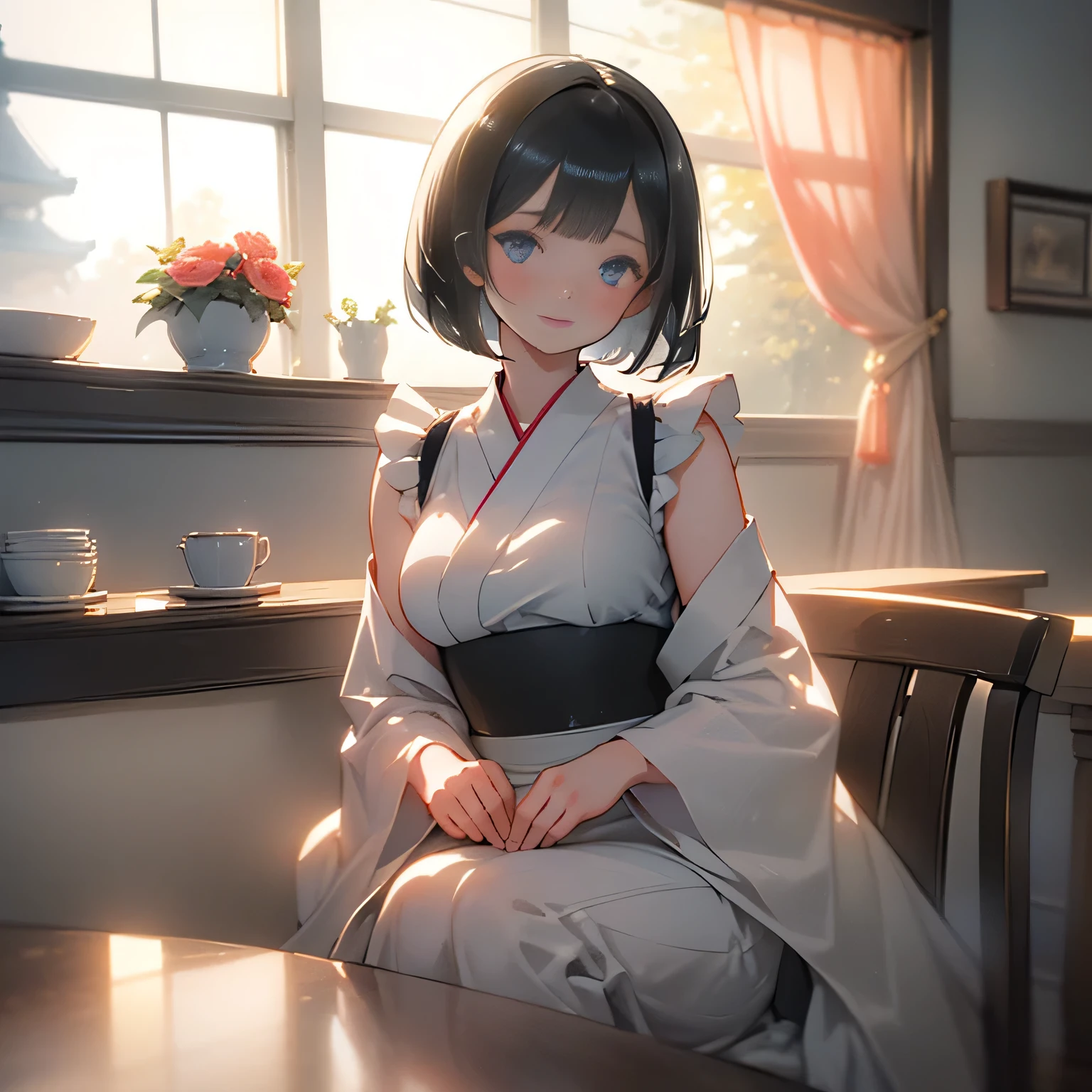 ((1girl,cute,japanese,young,short beautiful black hair,bob cut,beautiful blue eyes)),(solo),(sexy cute maid costume),((masterpiece, highest resolution,best quality)), (beautiful illustration), (looking at the viewer), innocent smile,beautiful modern maid cafe,big city,table,chair,window,flowers,