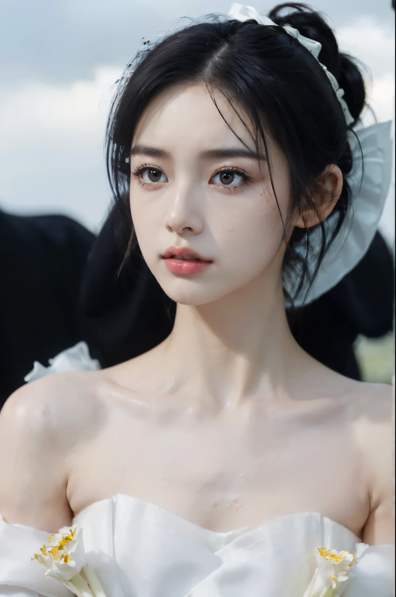 cobalt green wedding dress,white mini skirt,(sweat:0.7),woman in Alps,japanese,cute face, beautiful face,bare shoulders,shoulders all exposed,translucent skin,black eyes,black hair,(photorealistic:1.4),realistic details, high resolution,bokeh,outstanding details