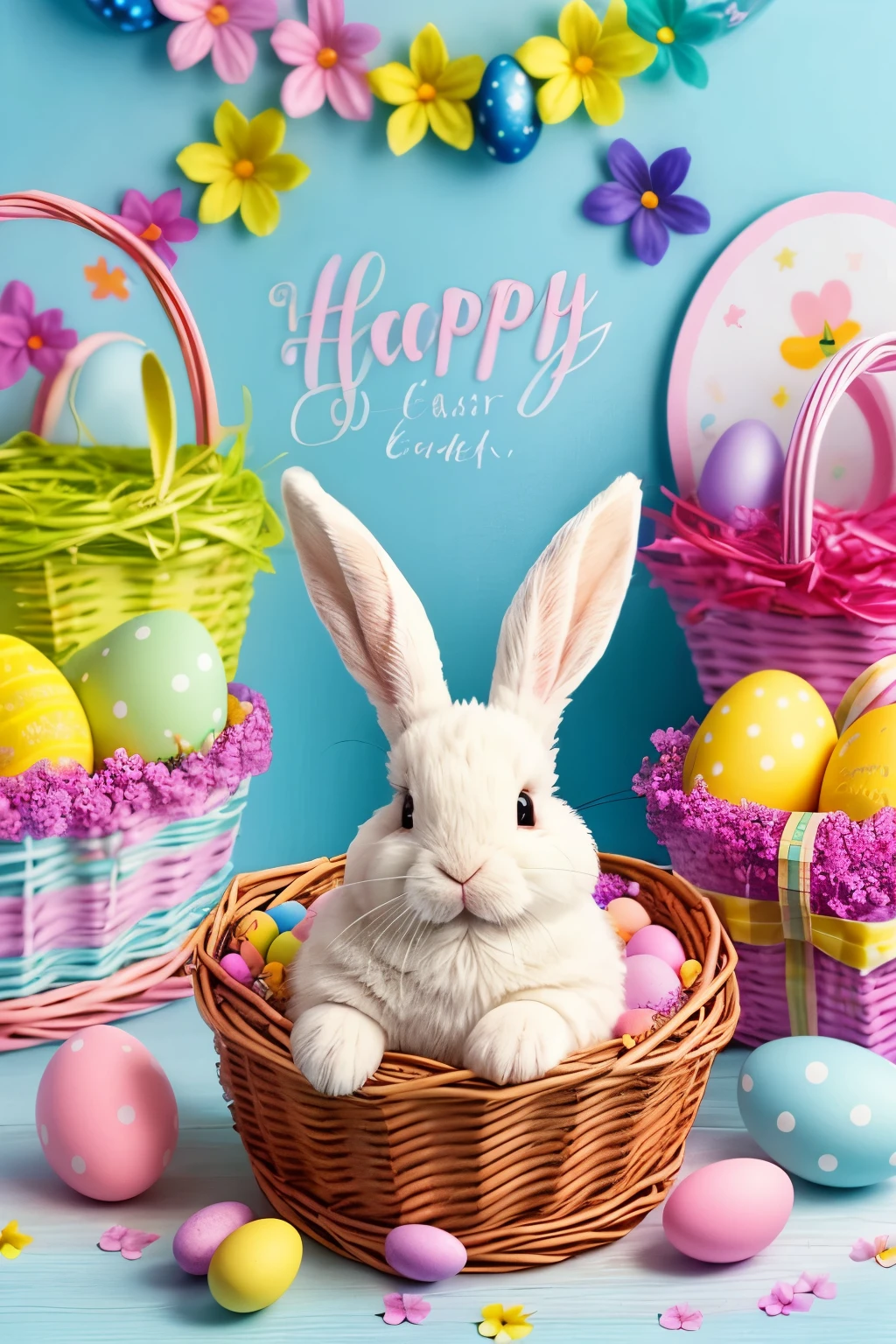 High-quality photograph of an Easter bunny with decorated eggs inside a basket and a "Happy Easter" message, captured in RAW format, ensuring the best resolution and detail. The image showcases a delightful Easter scene with a cute bunny dressed as the Easter bunny, surrounded by colorful eggs, all carefully arranged in a beautifully woven basket. The composition radiates the joyful spirit of Easter with vibrant colors and intricate egg decorations. The message "Buona Pasqua" (Happy Easter) is elegantly displayed, adding a touch of warmth and celebration to the image.