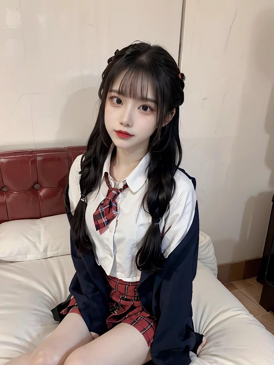 raw photo, 8k, (top-quality), Realistic, (real picture, Intricate details), (natural skin texture, detailed skin, hyper realism, sharpness), (Japanese teenage glasses girl sitting on bed in a hotel), ((school_uniform, navy blazer jacket, white blouse, red tie, plaid mini skirt)), (pale skin:1.2), slender body, ((braid hairstyle, blunt bangs)), (glasses seductive face, Parted lips:1.3, eye shadow, eyeliner, eye bag:1.2, red lip, undereye circle), thighs, red wall:1.3, full body shot