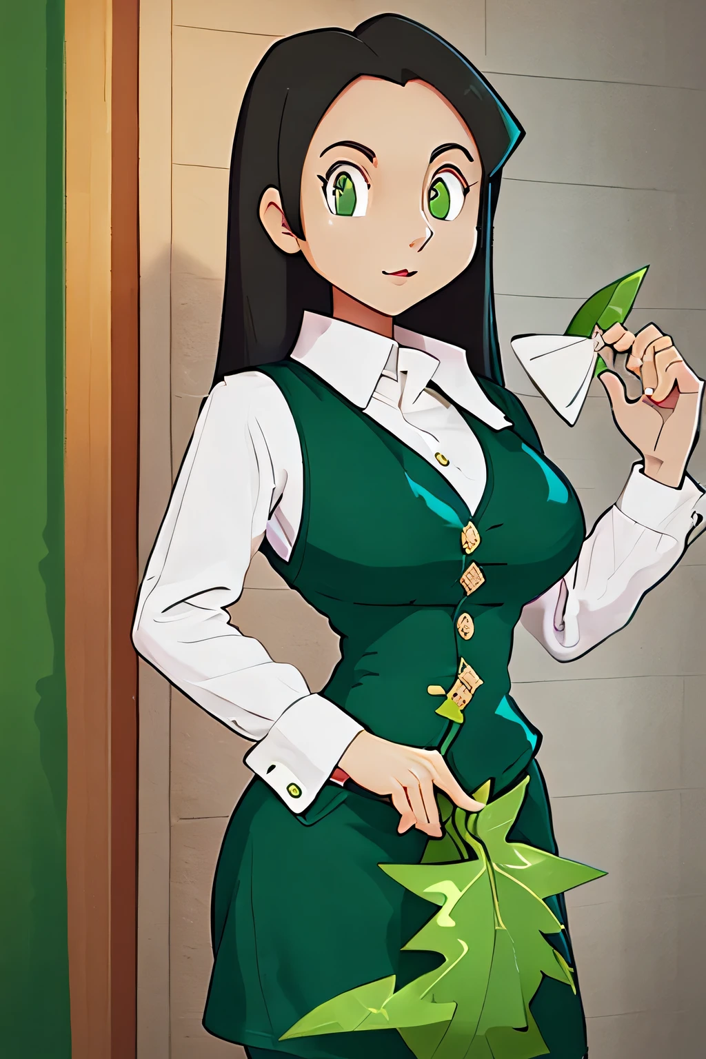 A woman with a big chest, green eyes and long dark black hair is wearing a green vest with buttons, no white shirt and shows a navel, she is wearing a longer, light green skirt, she is carrying a hand blowing leaves. 