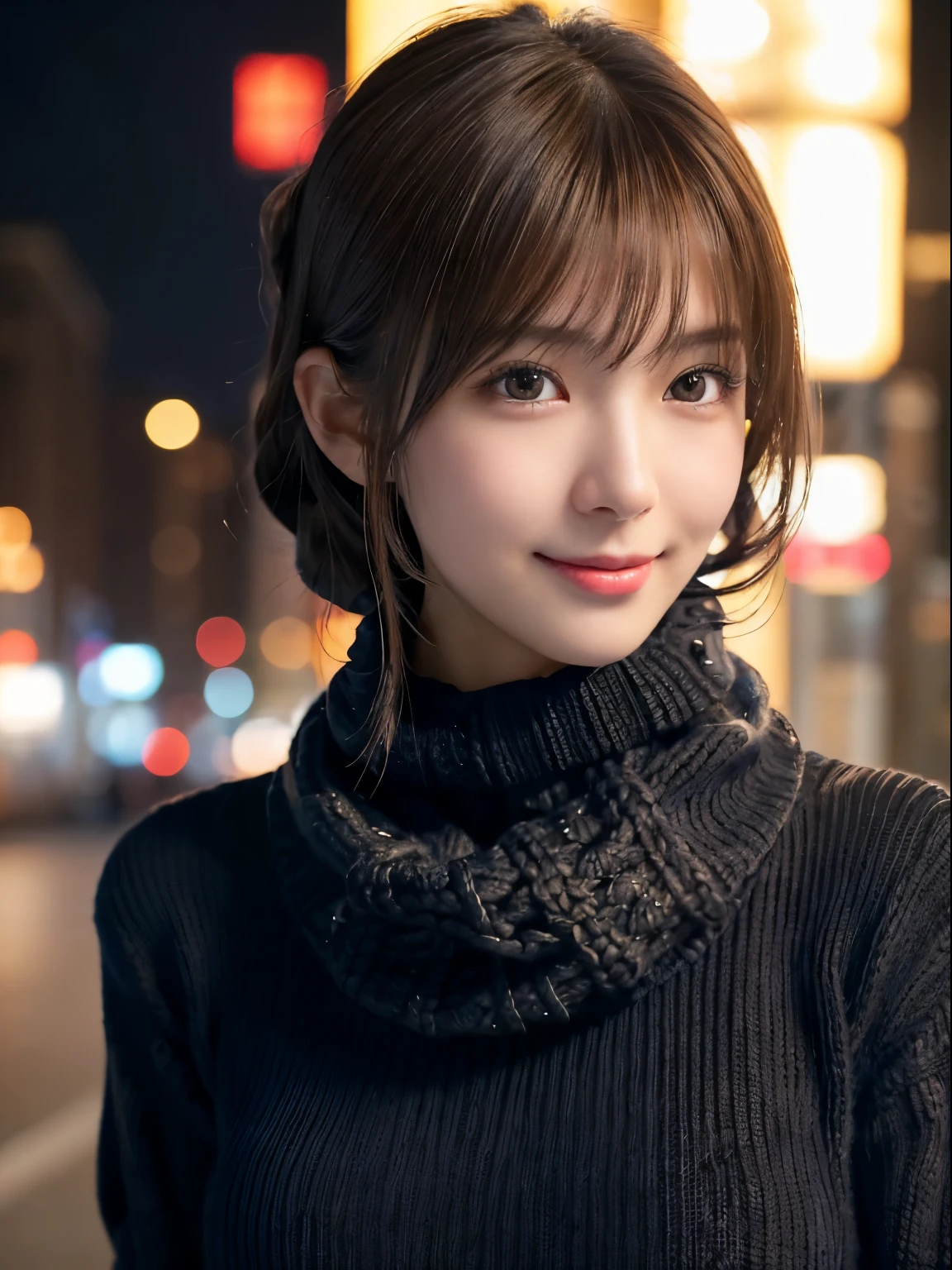 1 Japanese girl,(black sweater:1.4),(She wears a knitted snood around her neck to hide her chin...:1.5), (Raw photo, highest quality), (realistic, Photoreal:1.4), table top, very delicate and beautiful, very detailed, 8k wallpaper, wonderful, finely, very detailed CG Unity, High resolution, soft light, Beautiful detailed 19 year old, very detailed目と顔, beautifully detailed nose, finelyて美しい目,cinematic lighting,night city lights,perfect anatomy,slender body,smile (hair is dirty, asymmetrical bangs, light brown hair,)